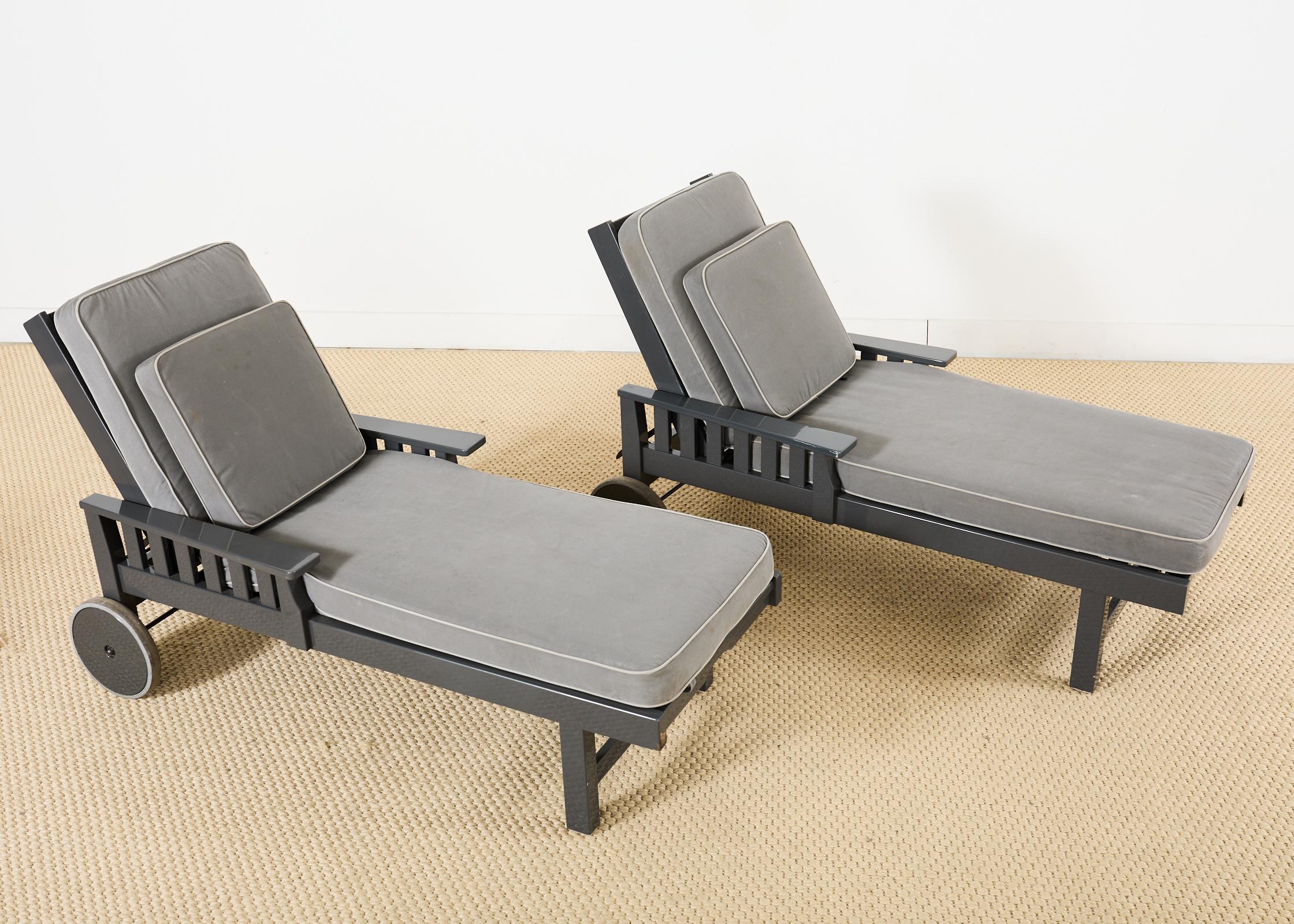 Extraordinary set of nine pieces of teak furniture from Weatherend Estate Furniture Maine. The set includes 2 reclining chaise lounge chairs, 2 reclining sun chairs, 2 ottomans, 2 drink tables, and 1 bar tea cart. All chairs, chaises, and ottomans