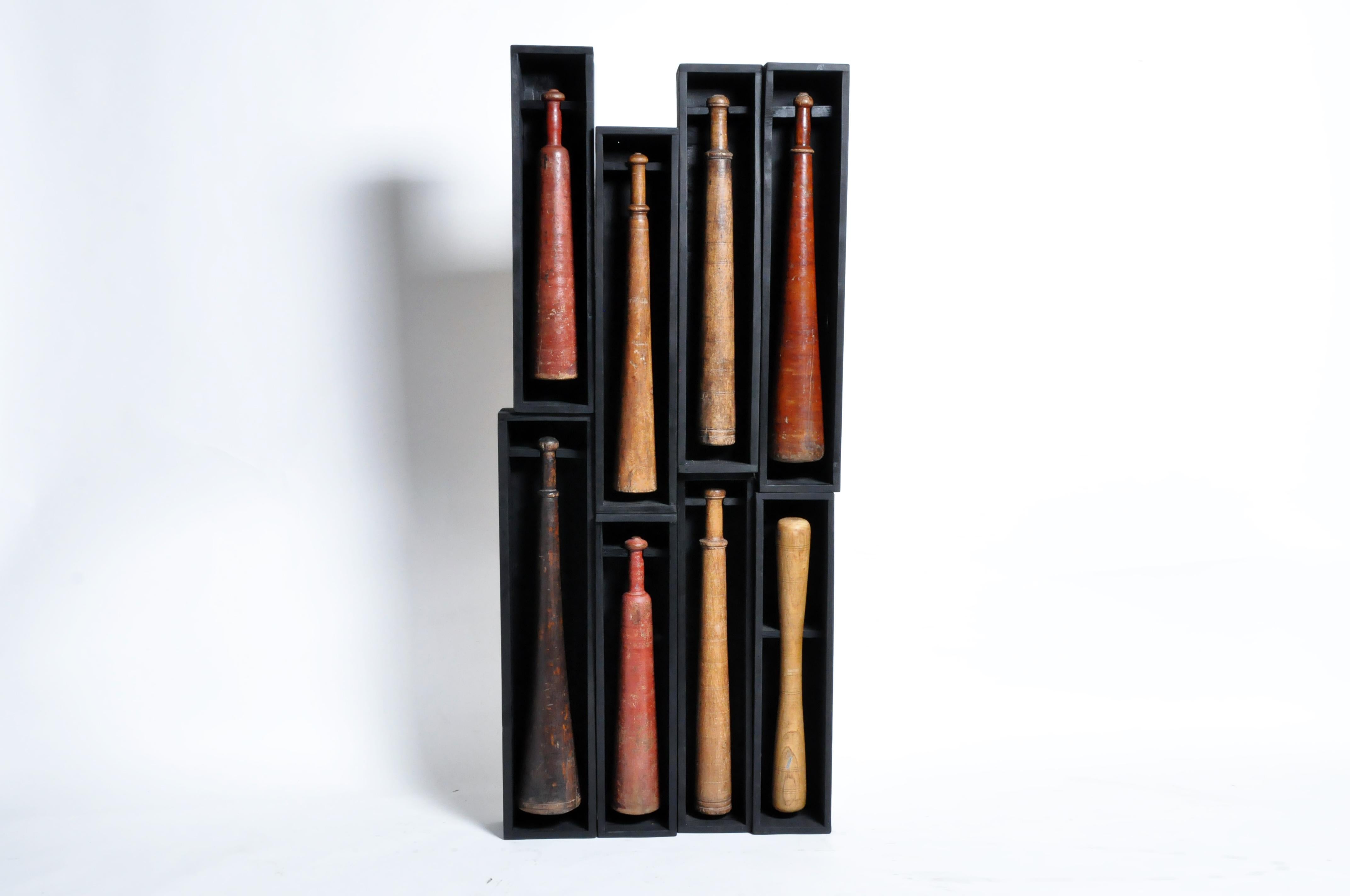Set of Nine Wooden Exercise Bats Mounted in Wooden Trays In Good Condition In Chicago, IL