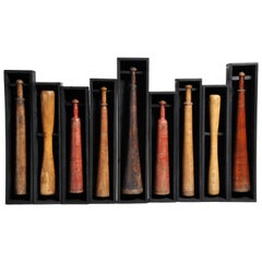 Vintage Set of Nine Wooden Exercise Bats Mounted in Wooden Trays