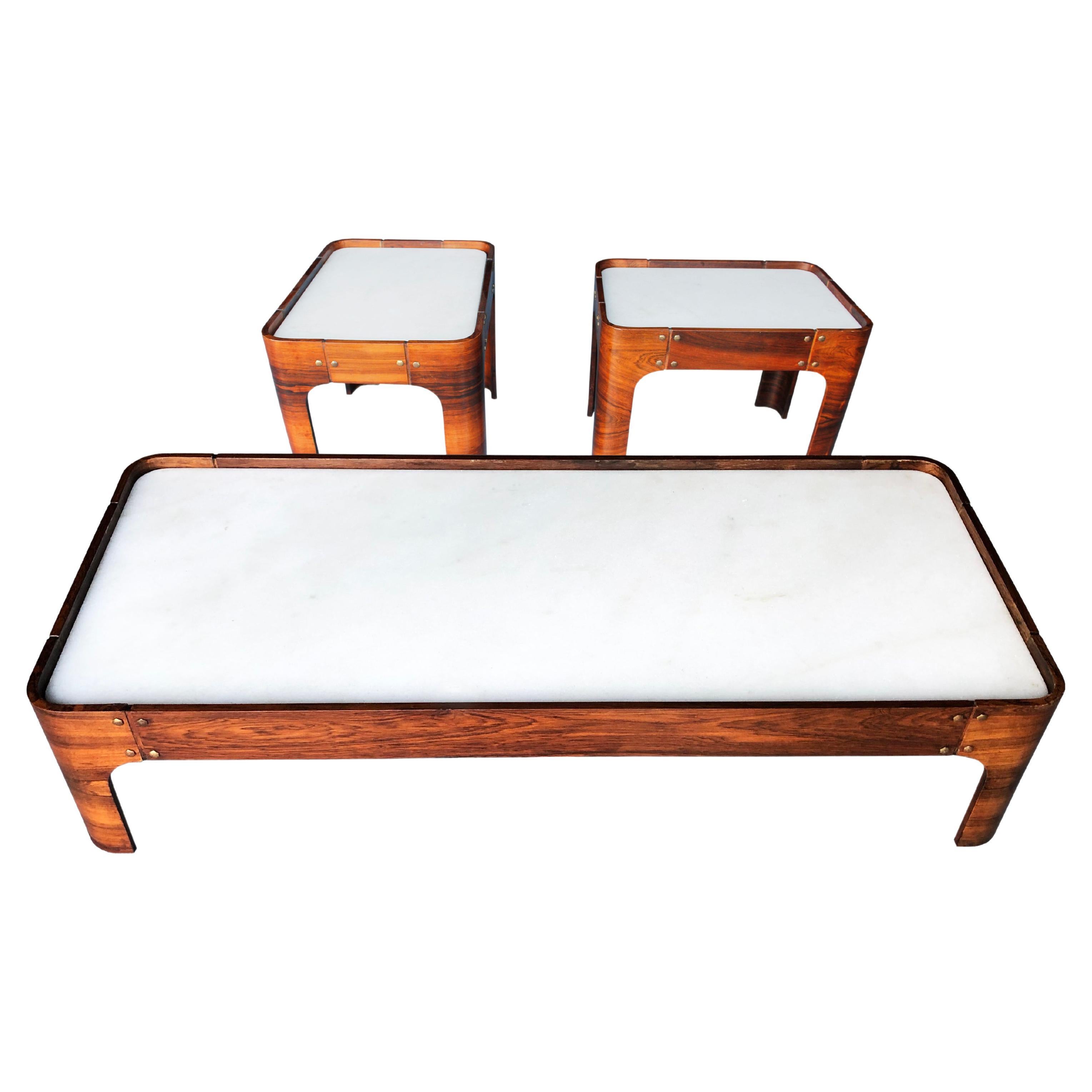 Set of Novo Rumo wood & Marble Coffee table & Side Tables. Brazil, 1960s