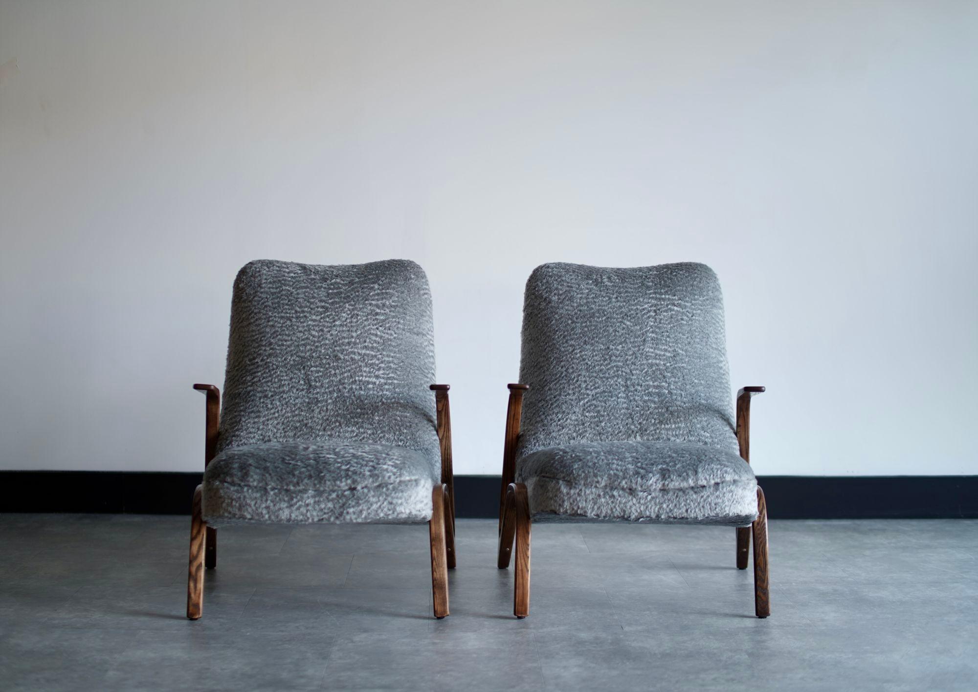 German Set of Oak Lounge Chairs by Paul Bode in Mohair, C. 1960s