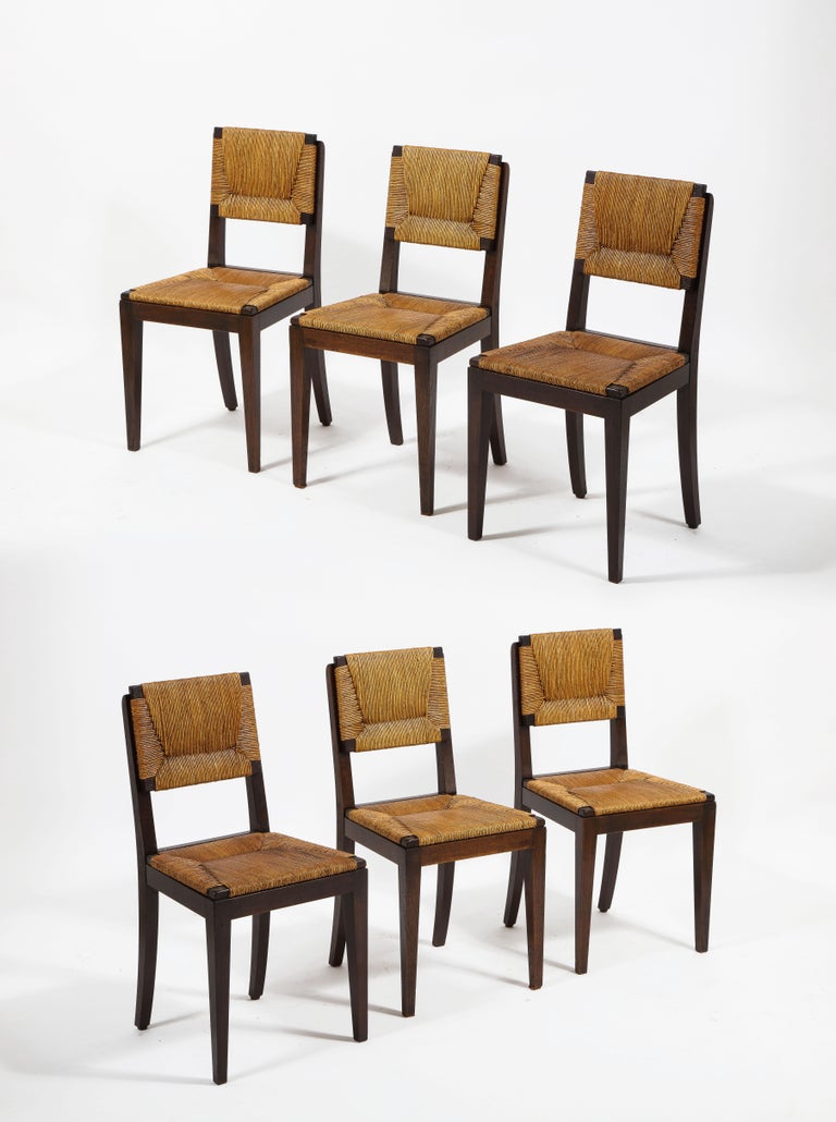 Set of Oak & Rush Side Chairs Attributed to Courtray, France 1950's For Sale 4
