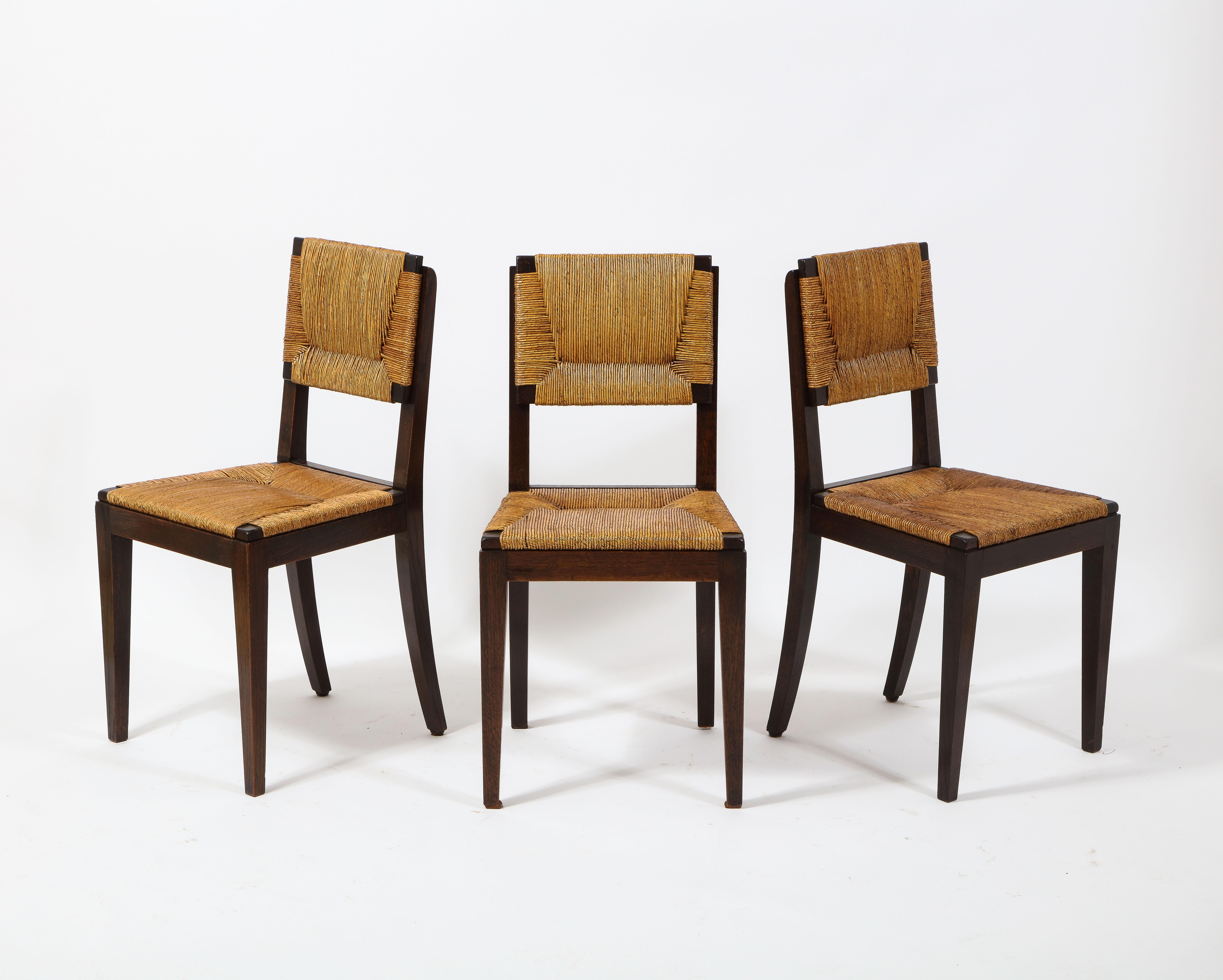 Set of Six Oak & Rush Side Chairs Attributed to Courtray, France 1950's For Sale 5