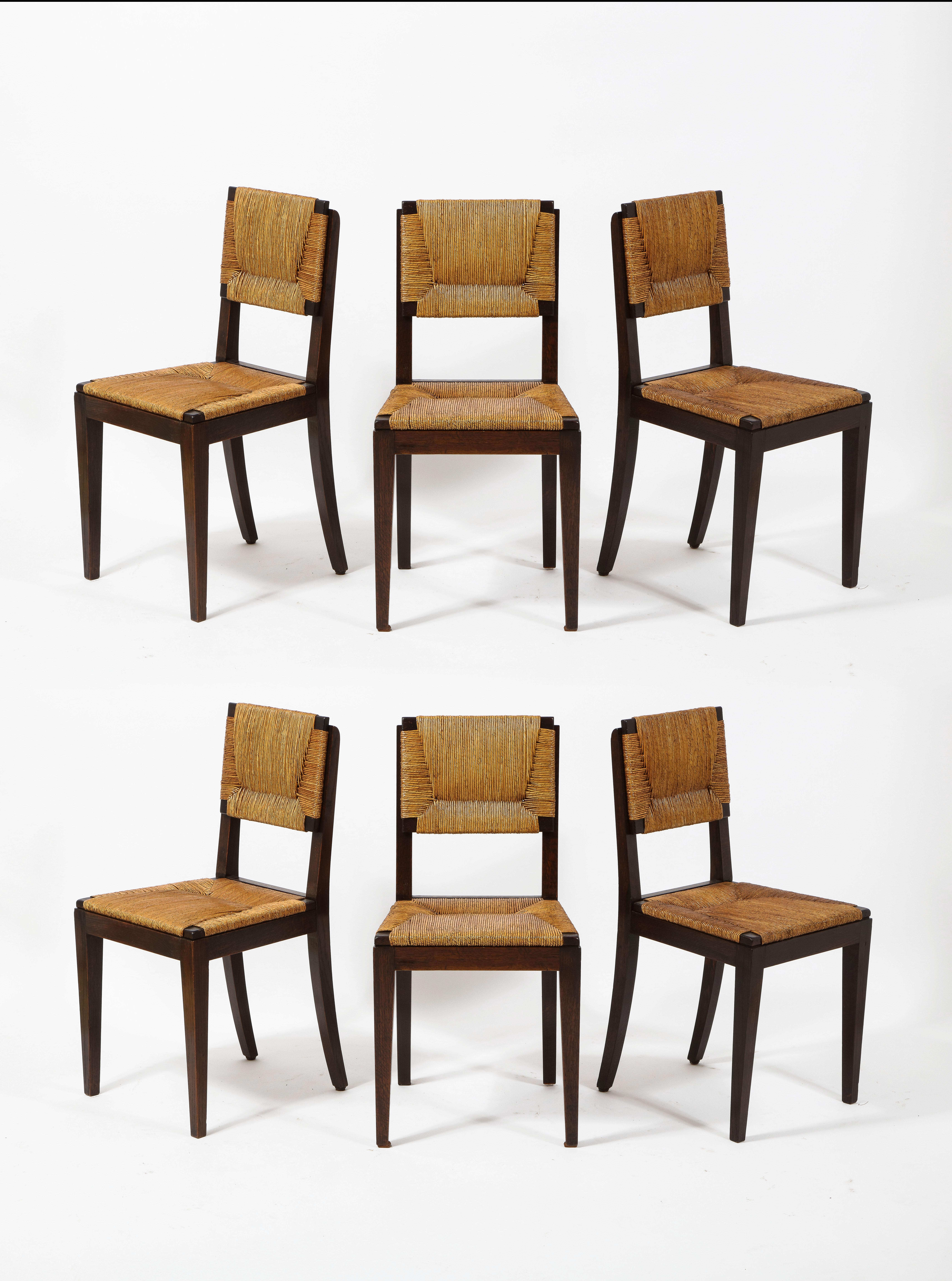 Set of Six Oak & Rush Side Chairs Attributed to Courtray, France 1950's For Sale 6