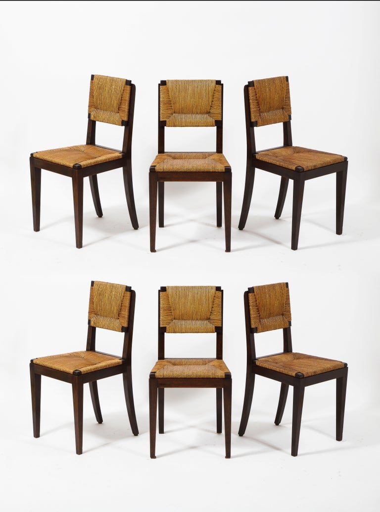 Set of Oak & Rush Side Chairs Attributed to Courtray, France 1950's For Sale 6