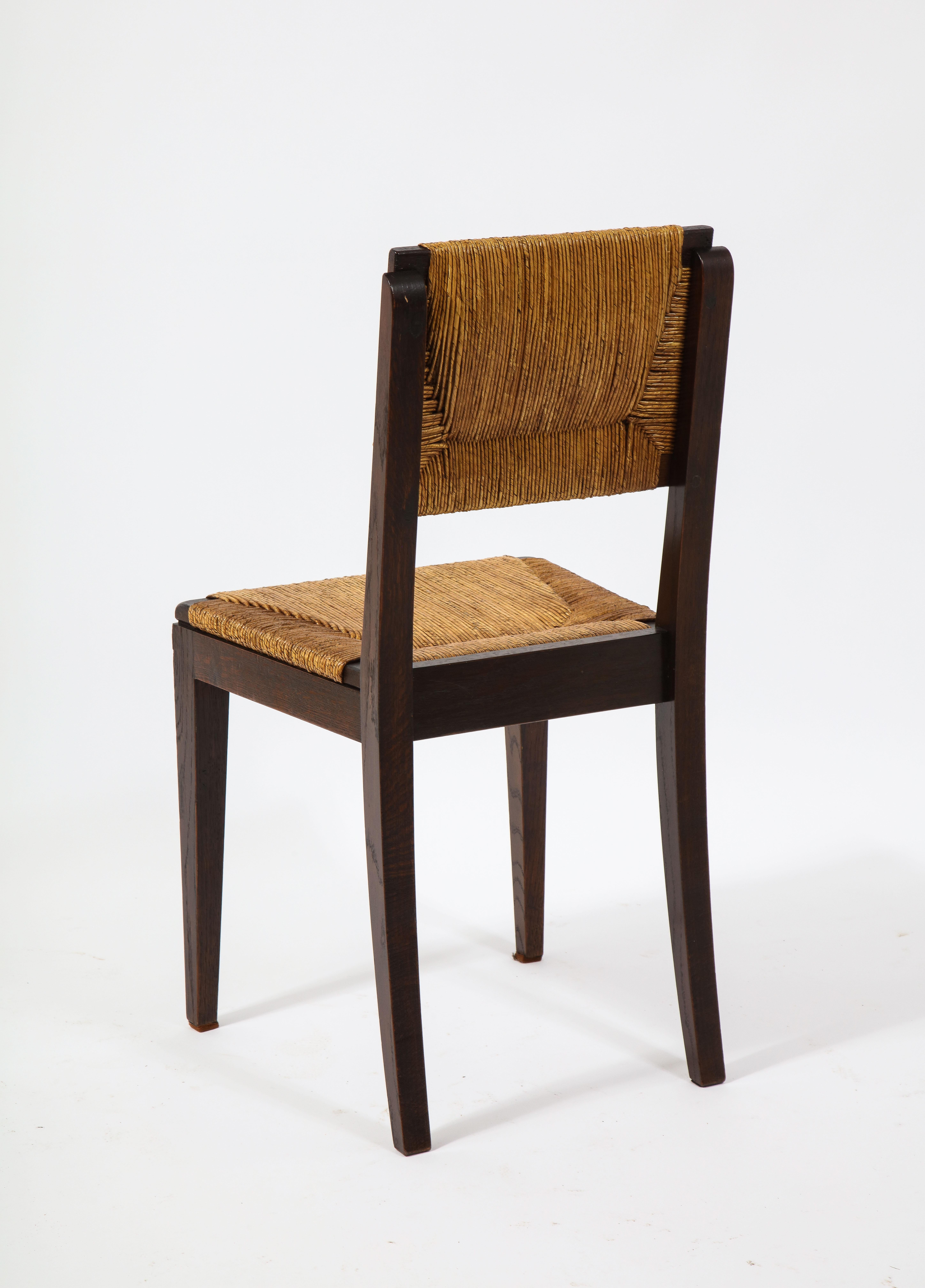 French Set of Six Oak & Rush Side Chairs Attributed to Courtray, France 1950's For Sale