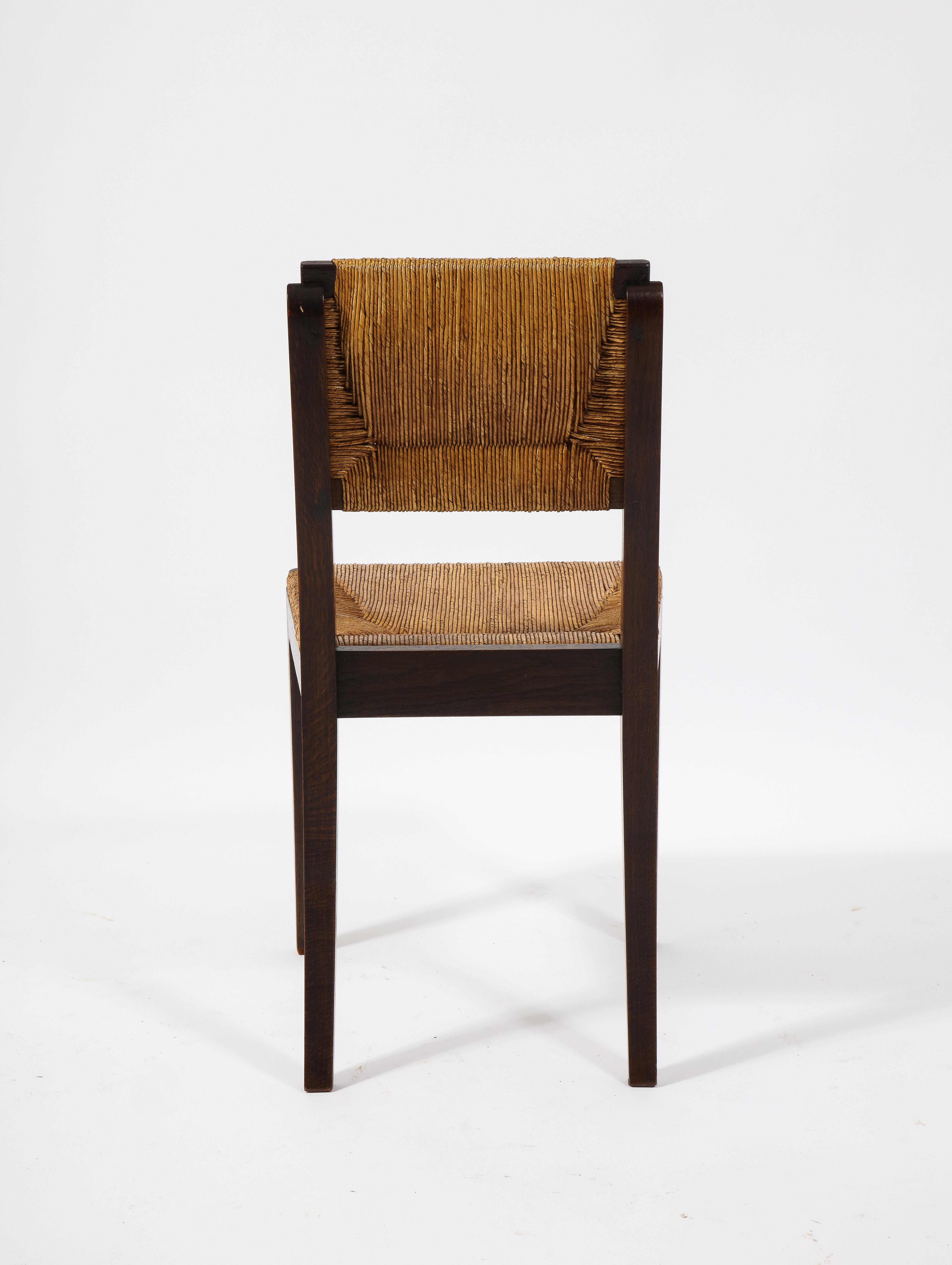 Set of Six Oak & Rush Side Chairs Attributed to Courtray, France 1950's In Good Condition For Sale In New York, NY