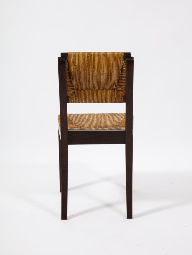 Set of Oak & Rush Side Chairs Attributed to Courtray, France 1950's In Excellent Condition For Sale In New York, NY