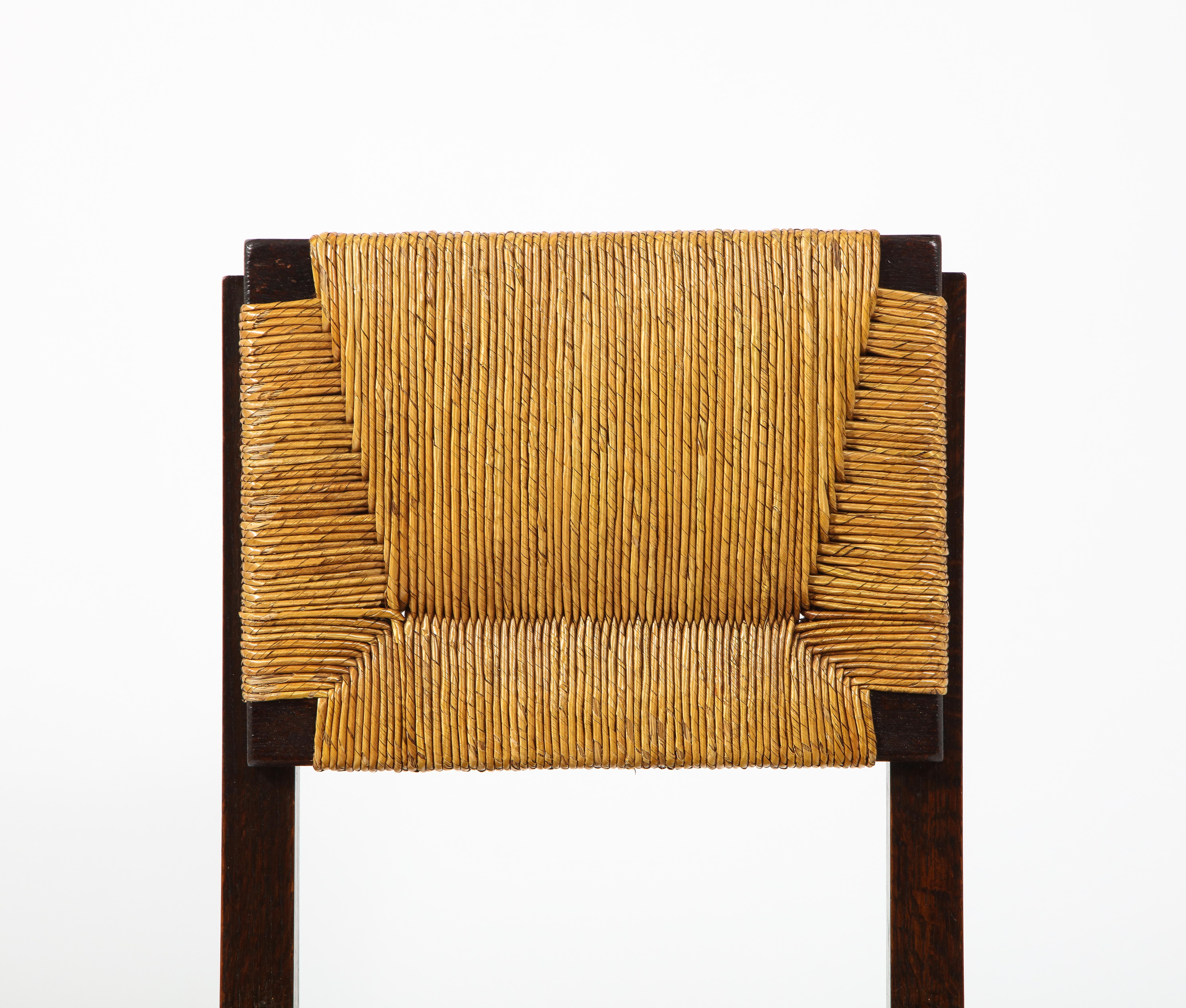 20th Century Set of Six Oak & Rush Side Chairs Attributed to Courtray, France 1950's For Sale