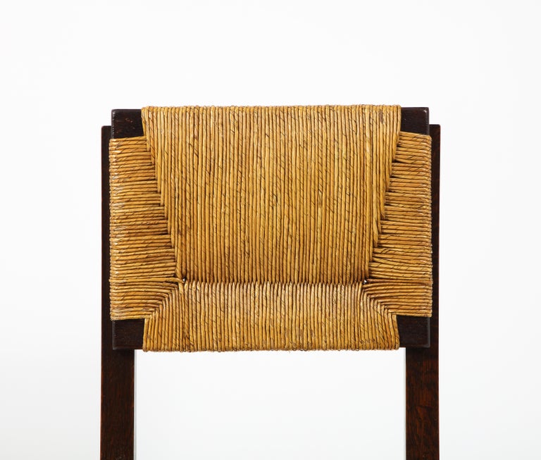 20th Century Set of Oak & Rush Side Chairs Attributed to Courtray, France 1950's For Sale