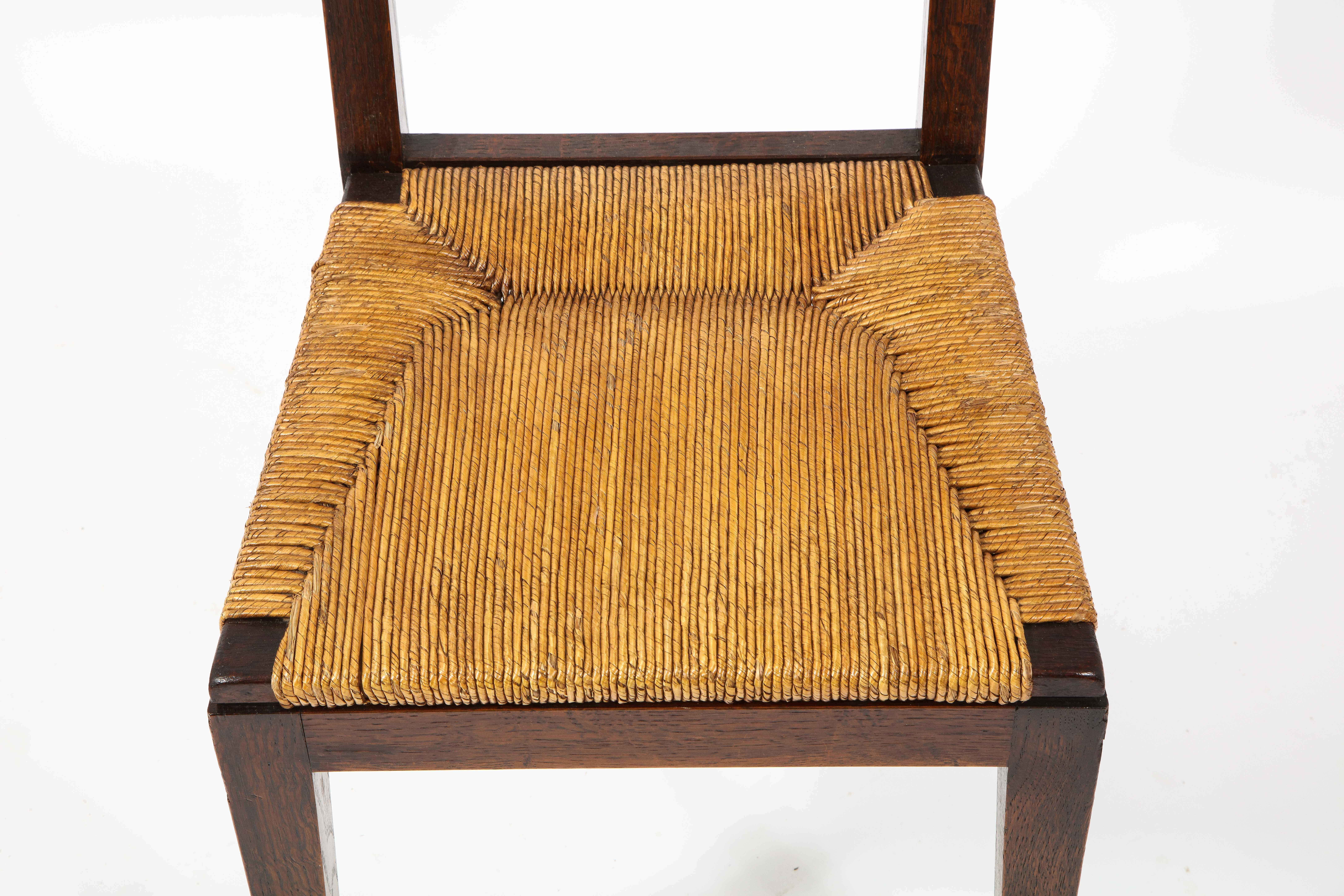 Set of Six Oak & Rush Side Chairs Attributed to Courtray, France 1950's For Sale 1