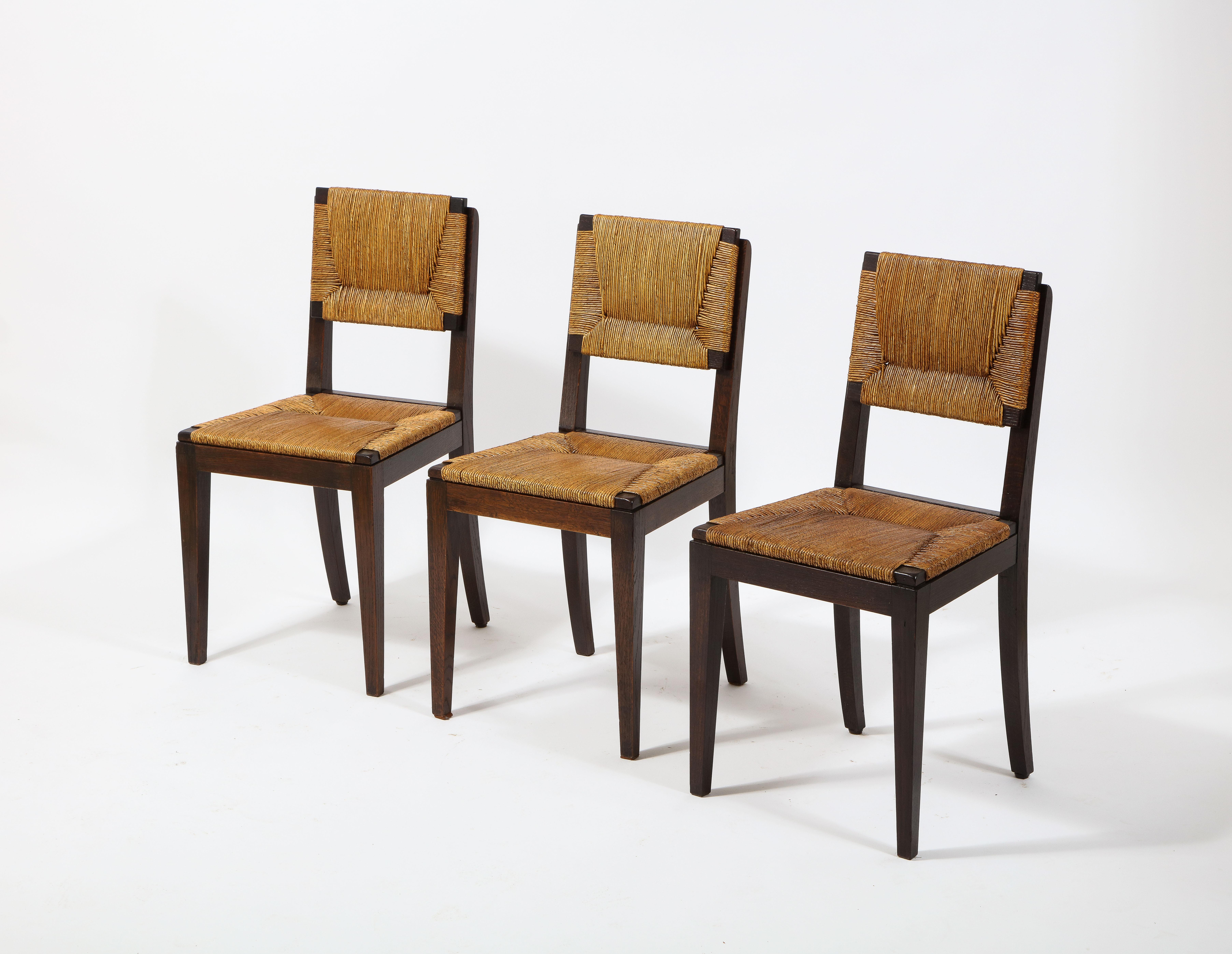 Set of Six Oak & Rush Side Chairs Attributed to Courtray, France 1950's For Sale 3