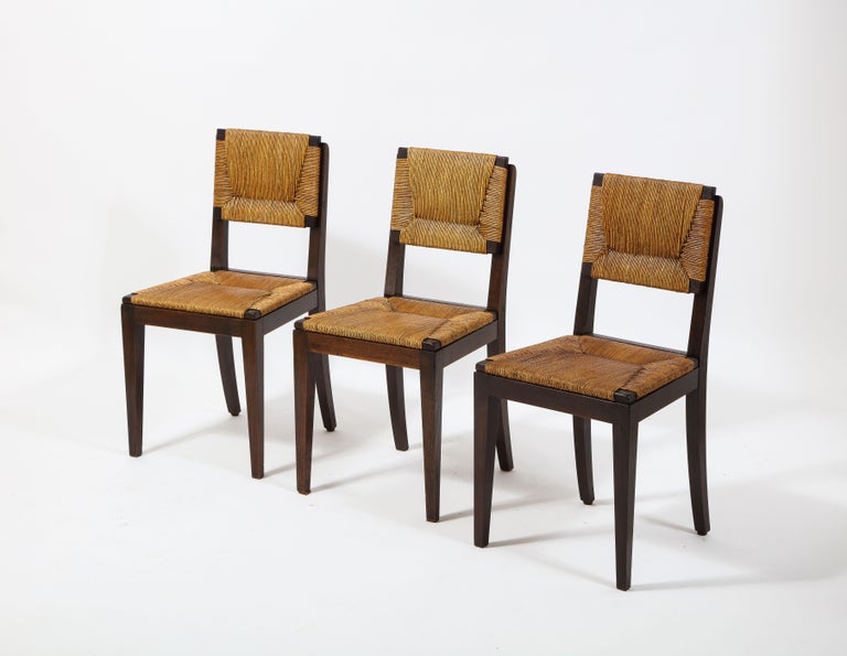Set of Oak & Rush Side Chairs Attributed to Courtray, France 1950's For Sale 3
