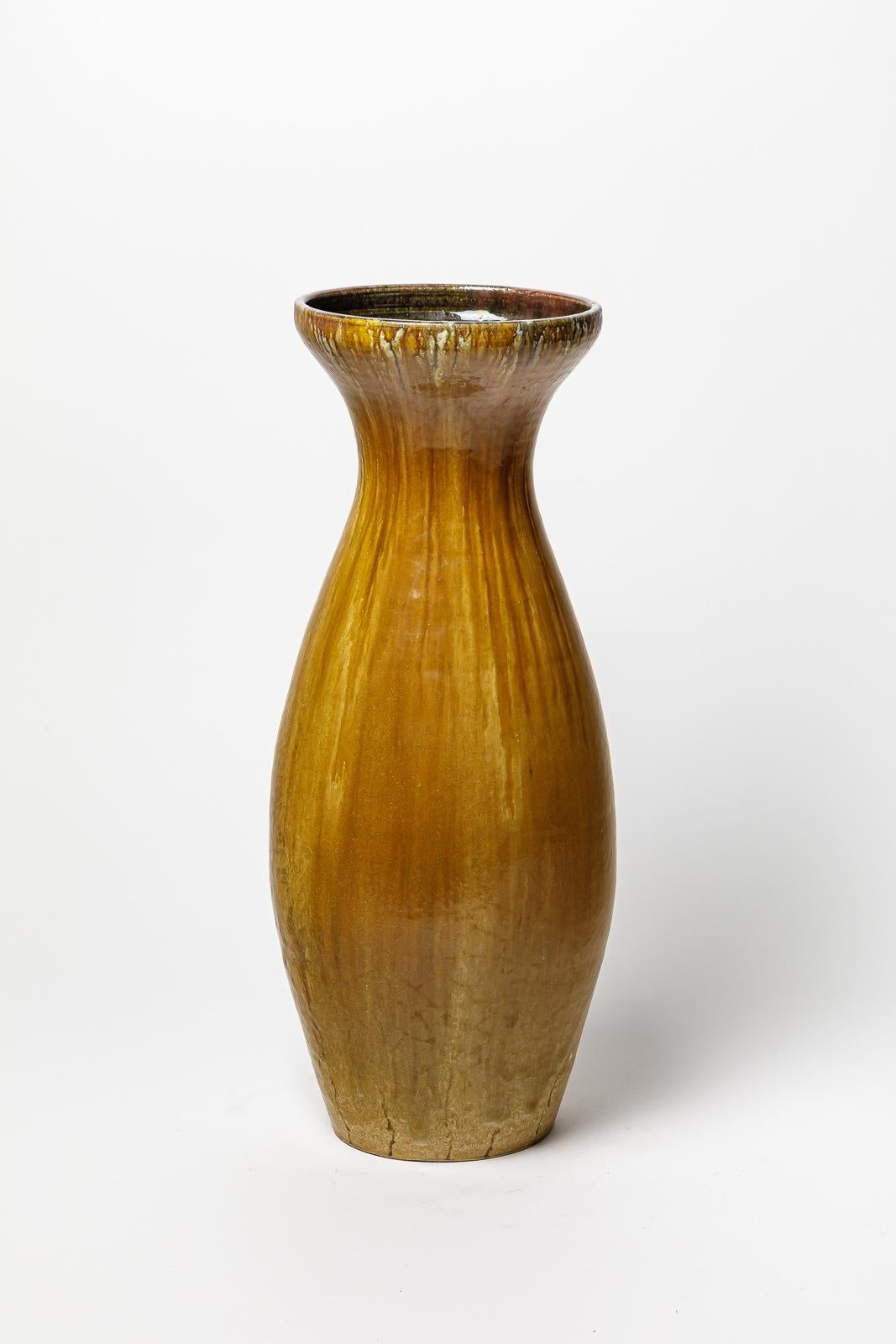 French Set of ocher, brown and white glazed stoneware vases by Accolay, circa 1960-70. For Sale