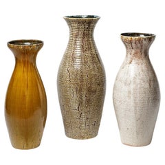 Retro Set of ocher, brown and white glazed stoneware vases by Accolay, circa 1960-70.
