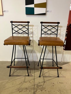 Set of of 6 "Los Feliz" Wrought Iron, Oak and Leather Swiveling Bar Stools