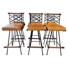 Set of of 6 "Los Feliz" Wrought Iron, Oak and Leather Swiveling Bar Stools