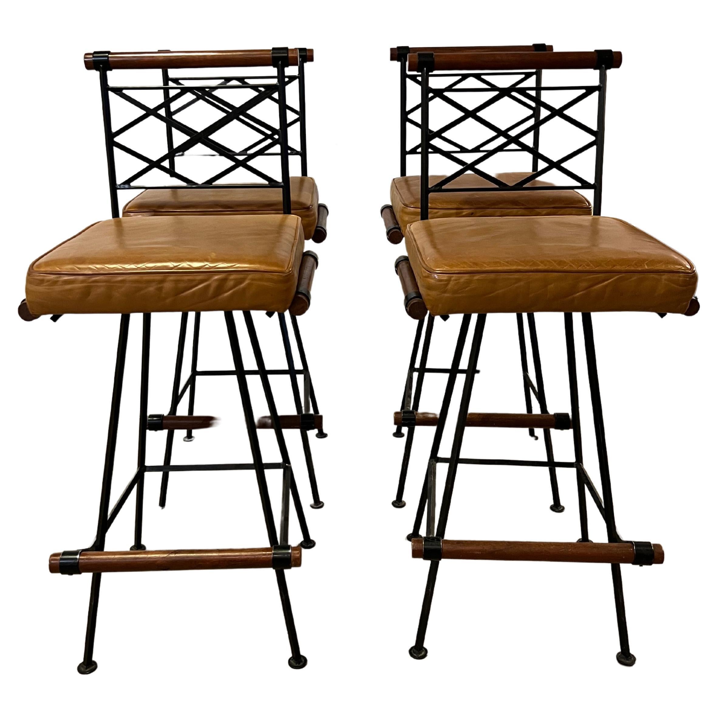Seng of Chicago Swivel Wicker and Iron Bar Stools at 1stDibs