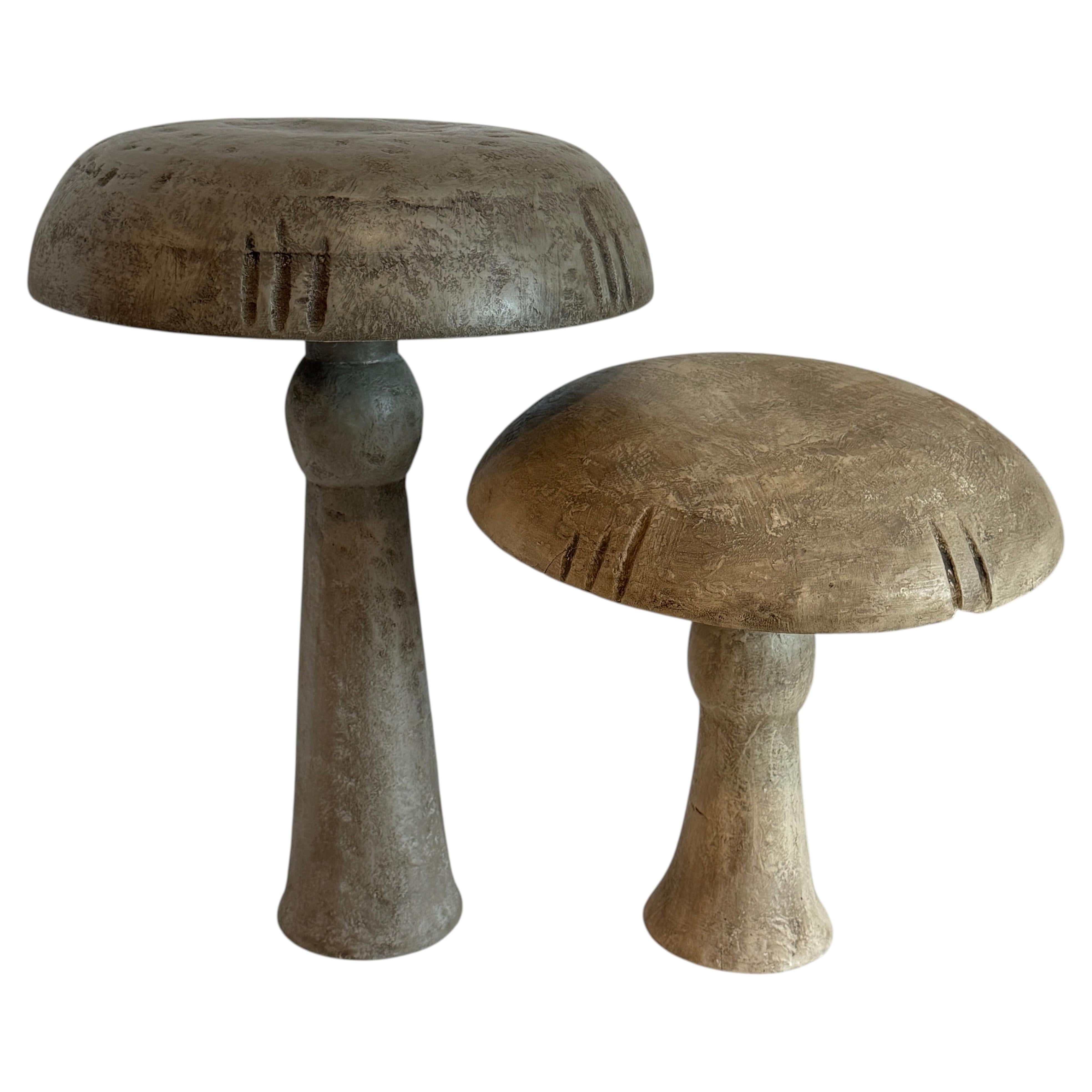 Set of of Two Vintage Painted Wood Mushroom Statues or Sulptures