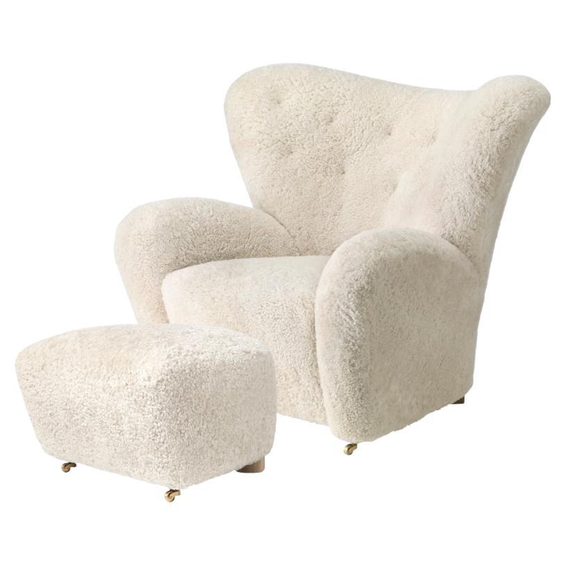 Set of off White Sheepskin the Tired Man Lounge Chair and Footstool by Lassen For Sale