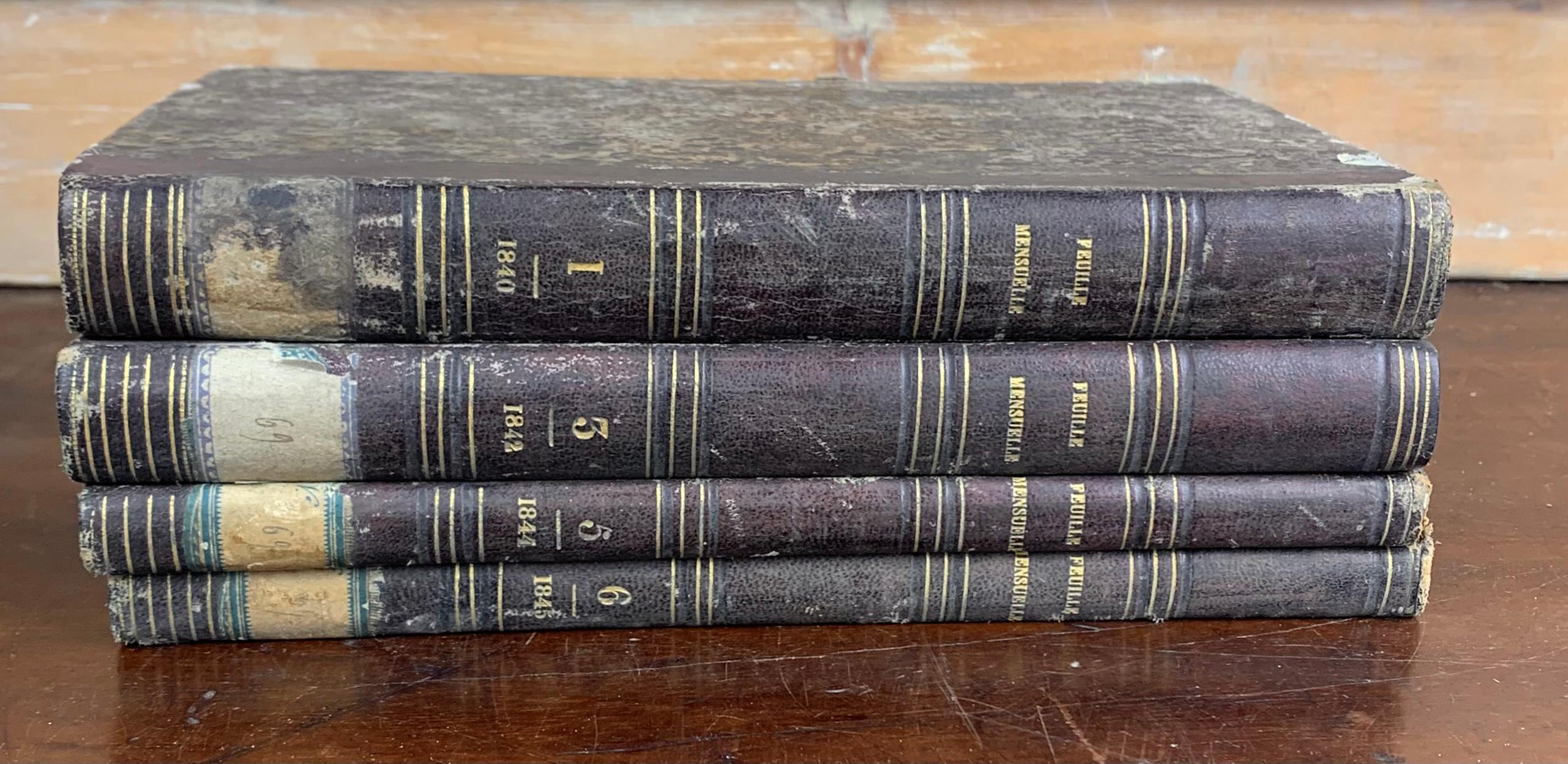 Set of old books dating from the 19th century. From an old protestant library near Le Havre in France. These books are entitled « feuille mensuelle » (Monthly shetland).  These beautiful books are perfect to fill a nice library. 