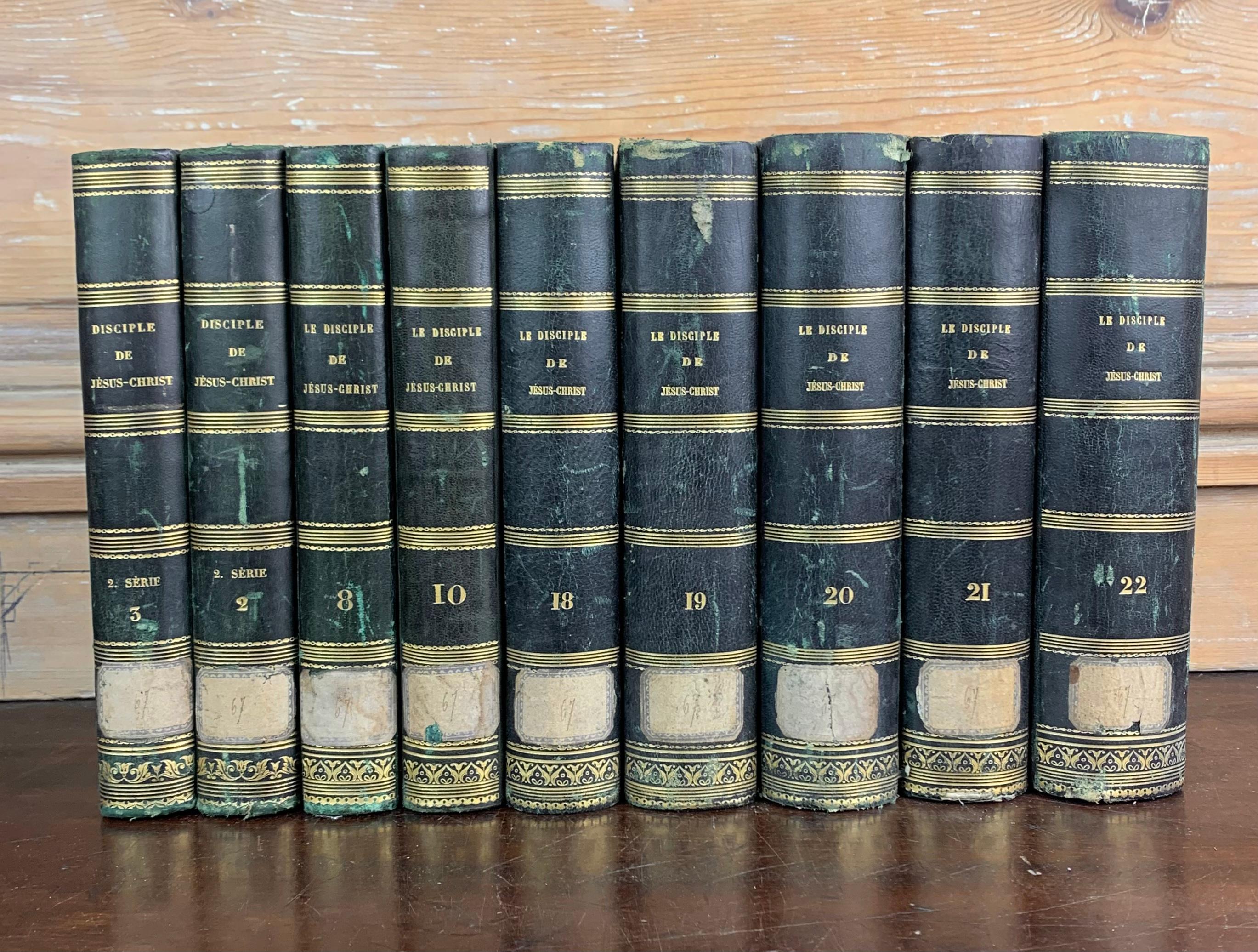 Set of old books dating from the 19th century. From an old protestant library near Le Havre in France. These books are called  « Disciple de Jésus Christ » (disciple of Jesus Christ). These beautiful books are perfect to fill a nice library.