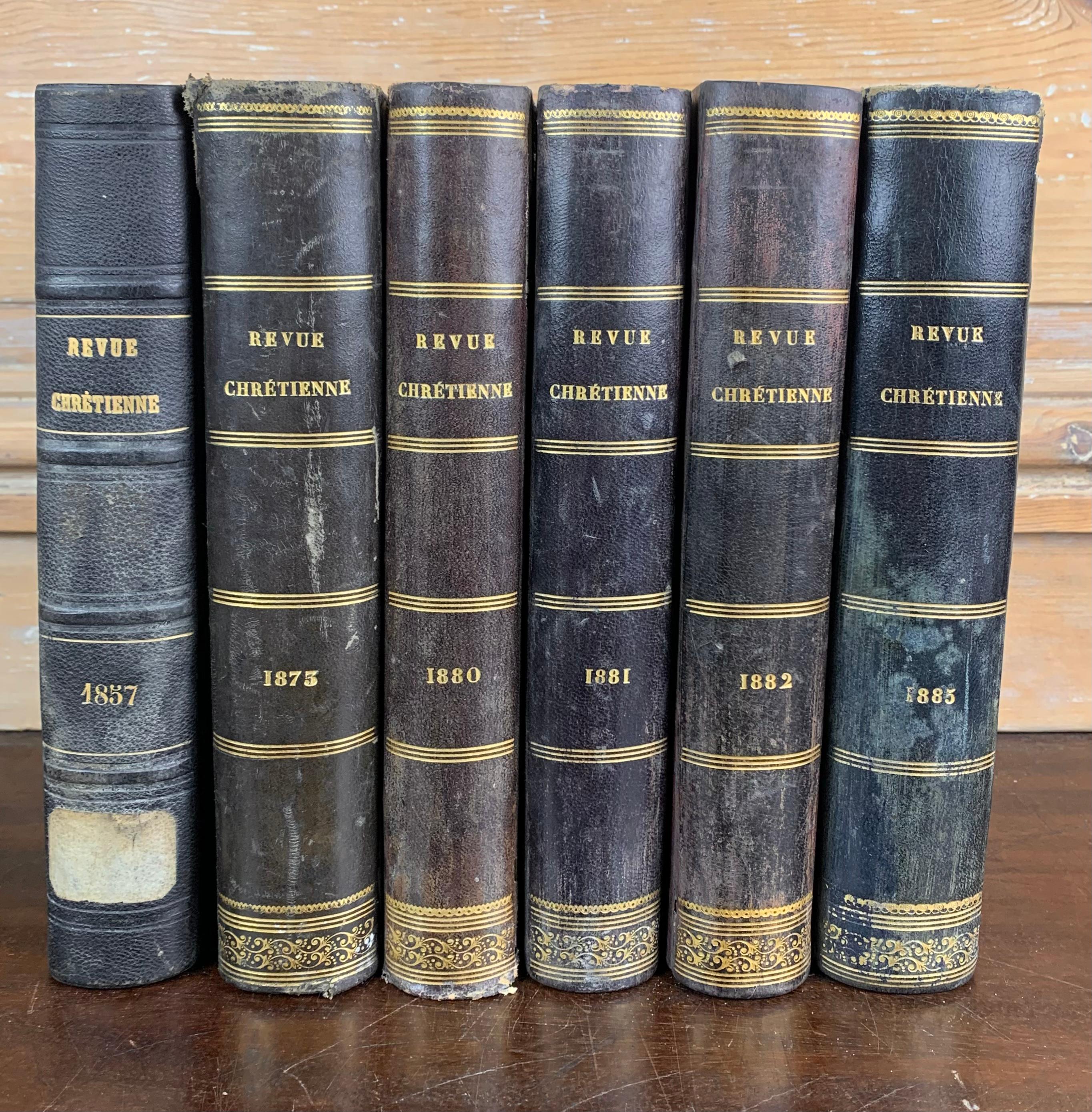 Set of old books dating from the 19th century. From an old protestant library near Le Havre in France. These books are called  «Revue Chrétienne» (Christian Review). These beautiful books are perfect to fill a nice library.