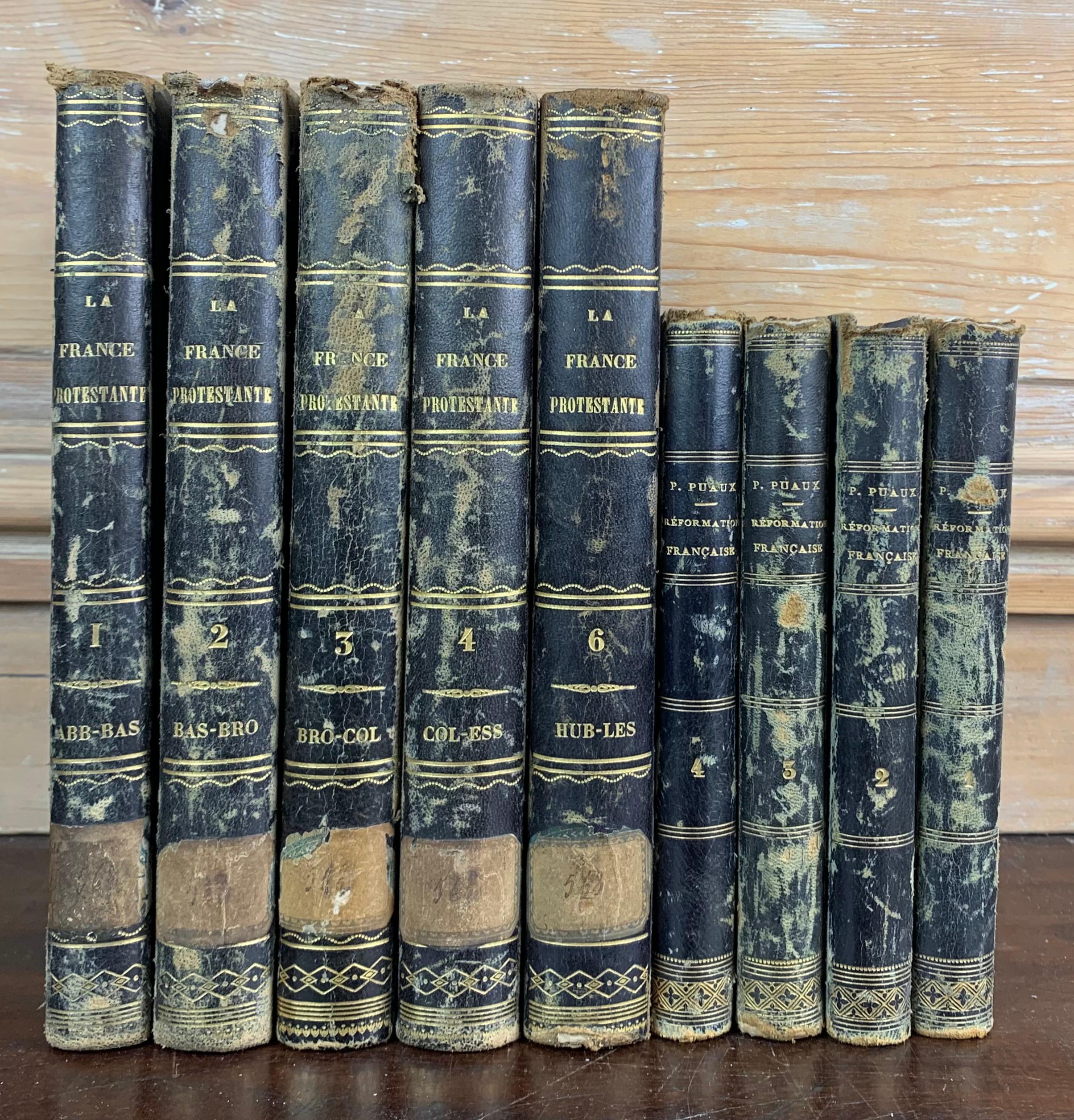 Set of old religious books dating from the 19th century. From an old protestant library near Le Havre in France. These books are entitled « La France Protestante » (Protestant France) et « Réforme Française » (French Reform). These beautiful books