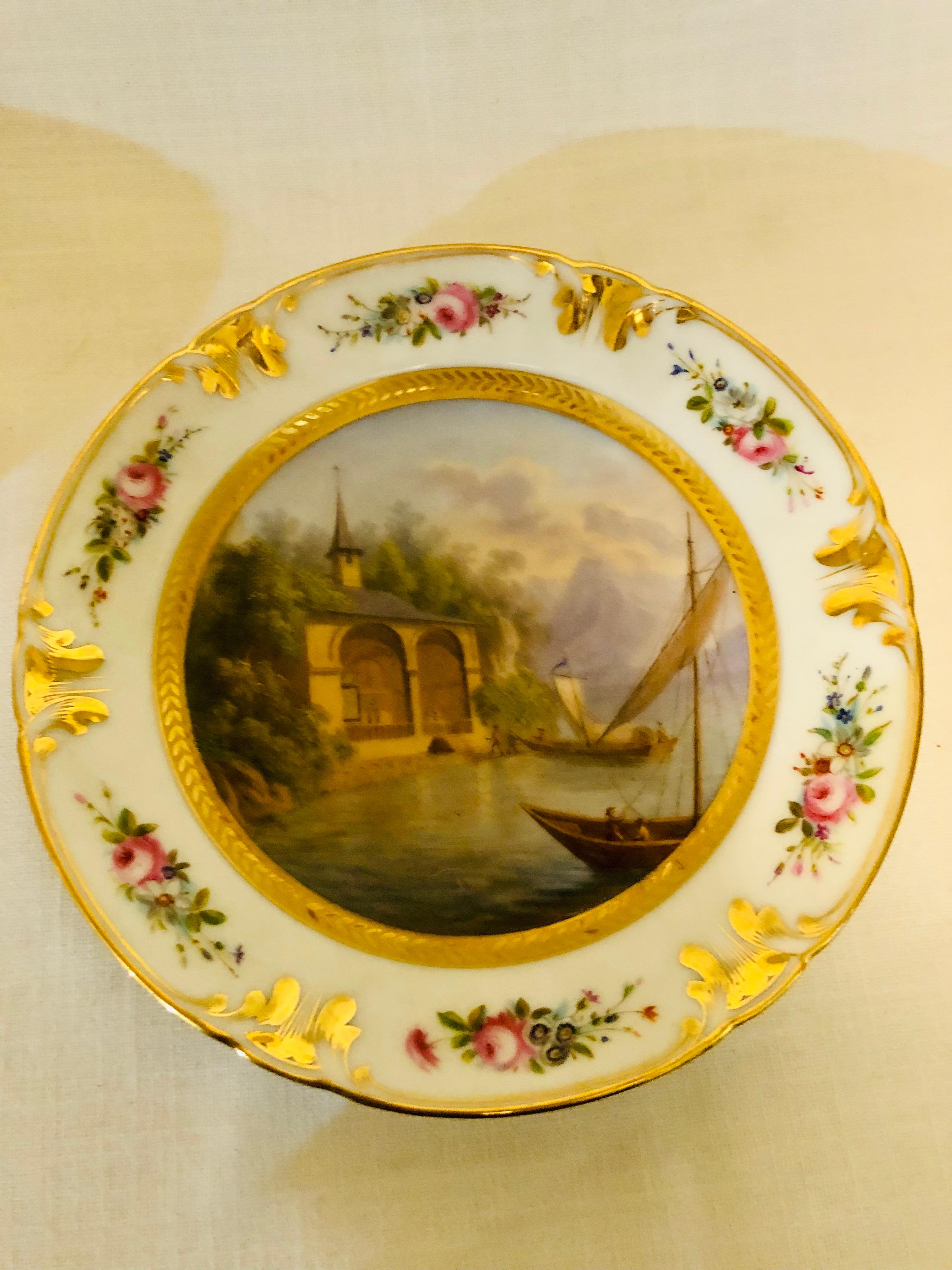 Set of Old Paris Porcelain Plates Each Painted with Different Decorative Scenes For Sale 1
