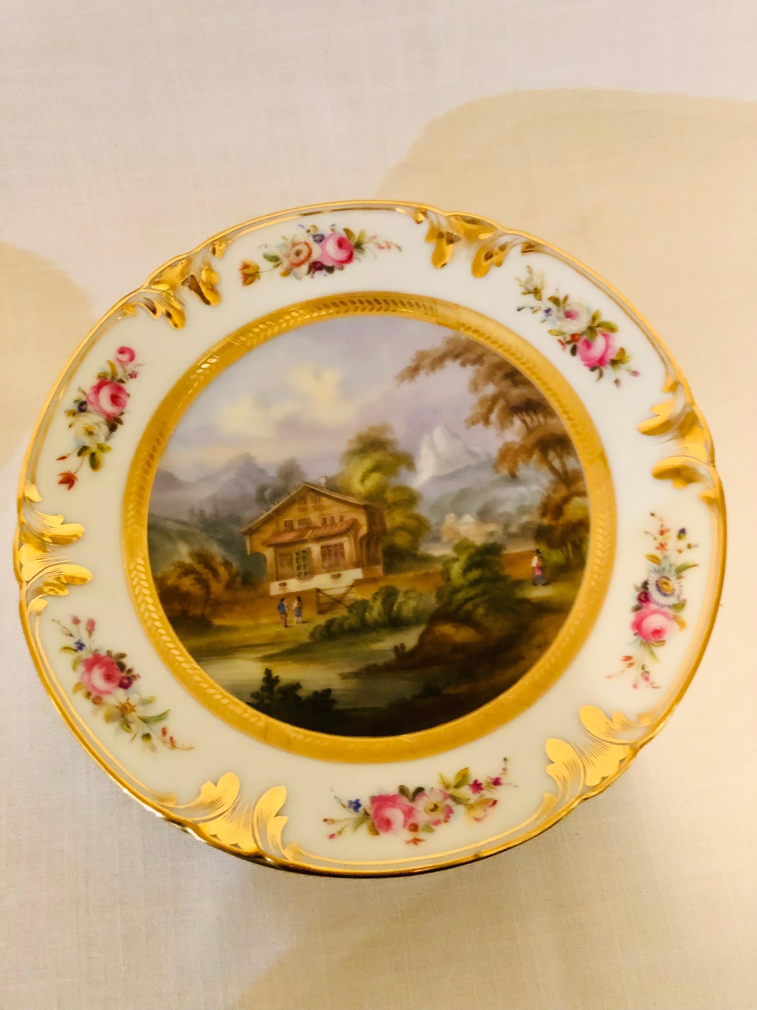 French Set of Old Paris Porcelain Plates Each Painted with Different Decorative Scenes For Sale