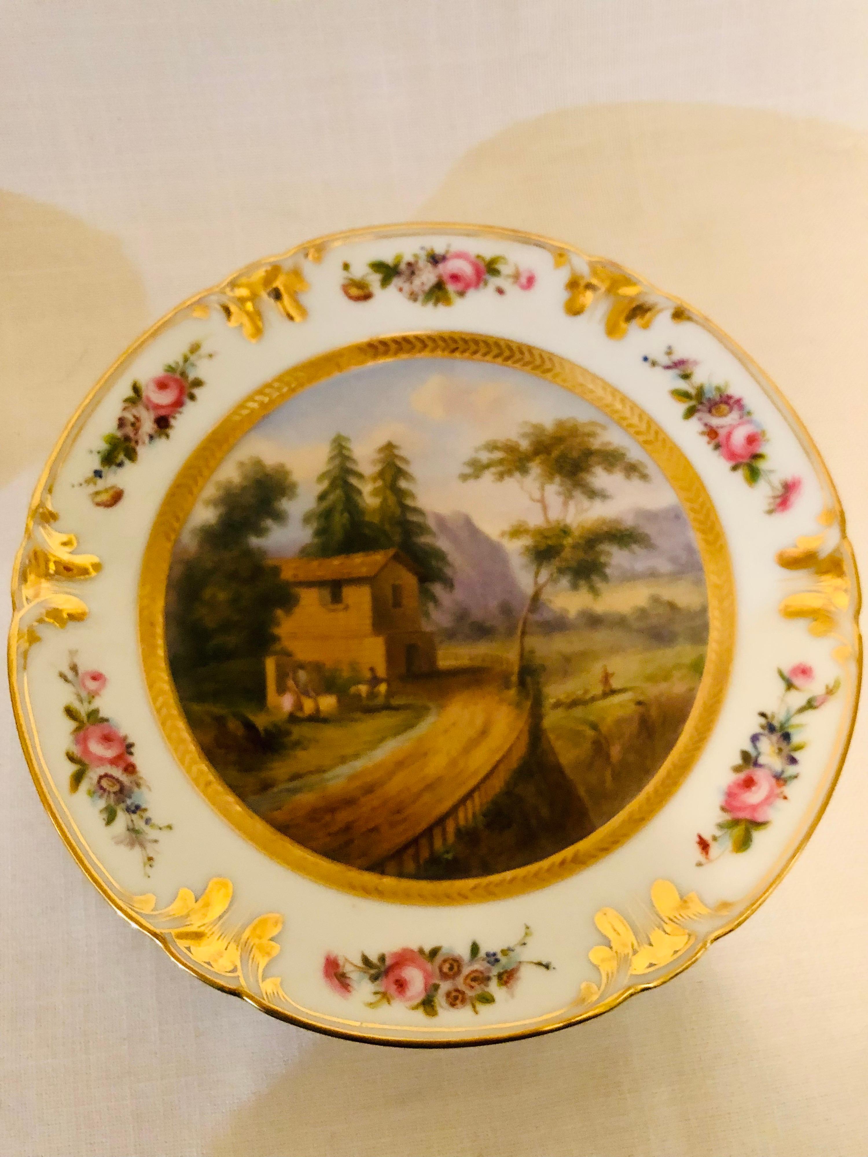 Hand-Painted Set of Old Paris Porcelain Plates Each Painted with Different Decorative Scenes For Sale