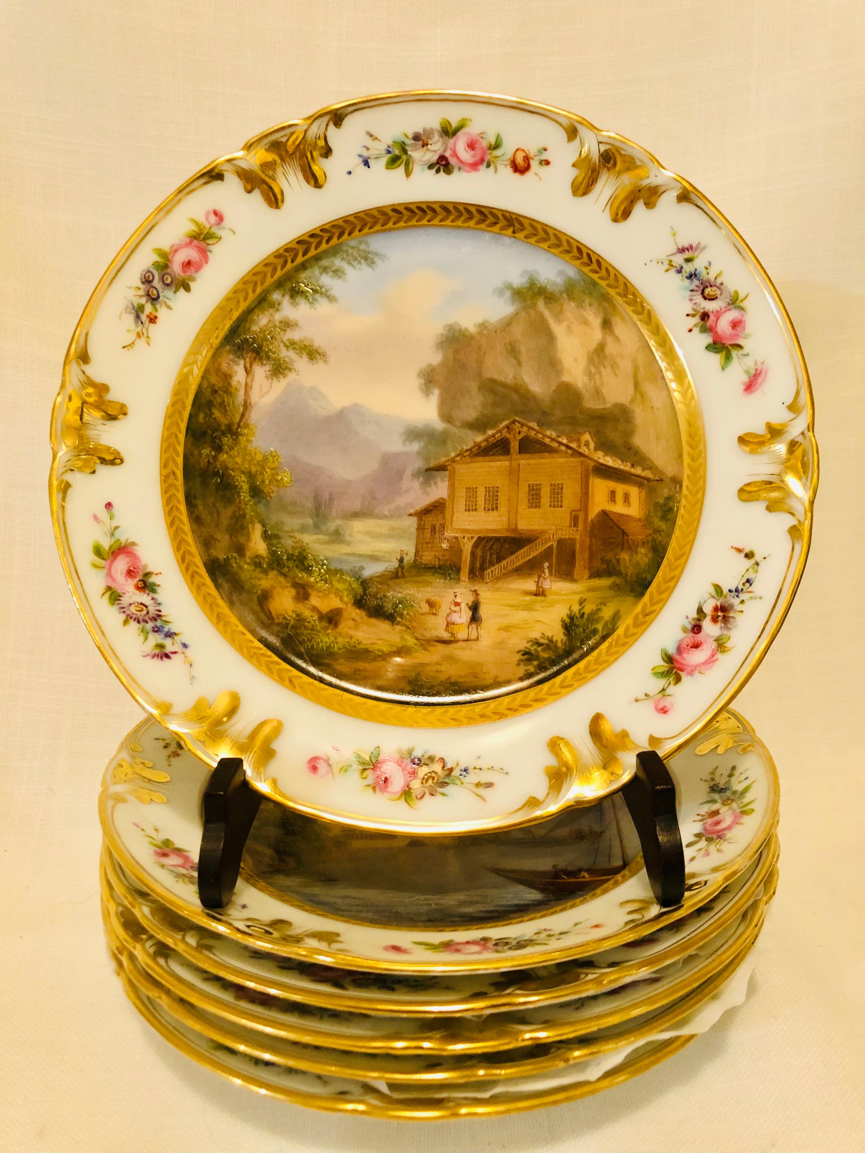 Set of Old Paris Porcelain Plates Each Painted with Different Decorative Scenes In Good Condition For Sale In Boston, MA
