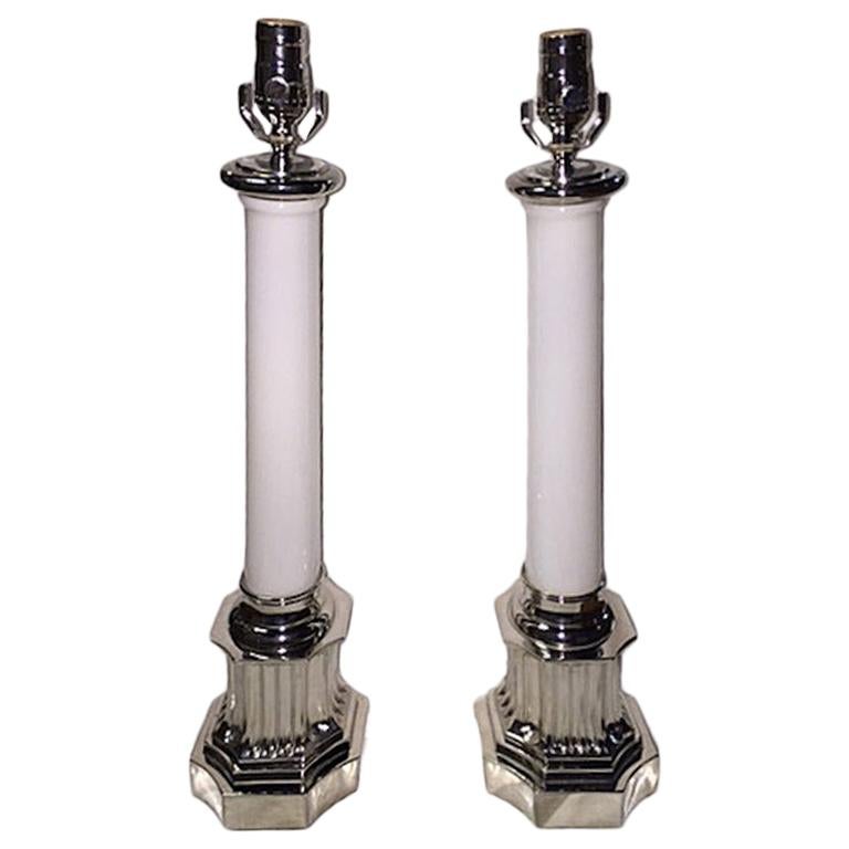 Set of Opaline Glass Column Table Lamps, Sold in Pairs For Sale