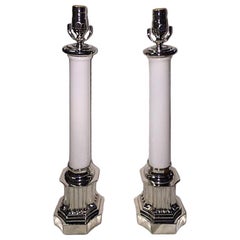 Vintage Set of Opaline Glass Column Table Lamps, Sold in Pairs