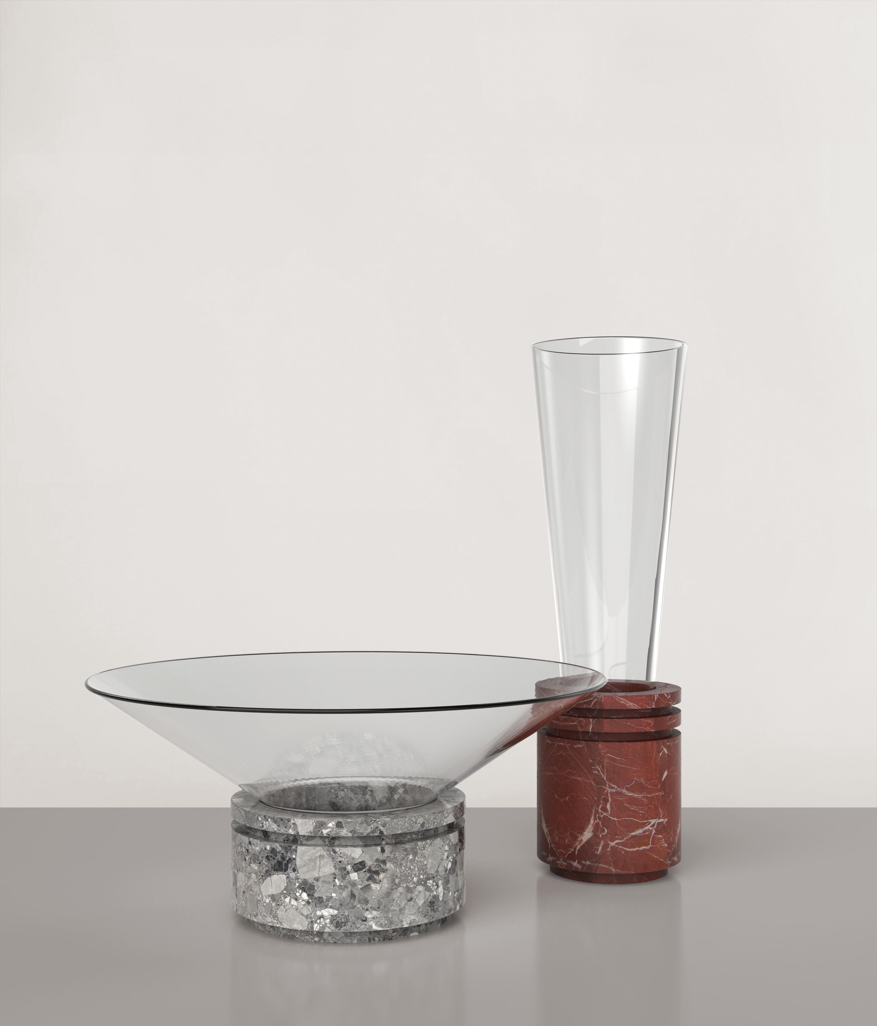 Set of Opera V1 and V2 Vases by Edizione Limitata
Limited Edition of 150 pieces. Signed and numbered.
Dimensions: D12 x H40 cm// D35 x H16.5
Materials: Oreo Grey + Shiny Glass//Rosso Balmoral + Shiny Glass
Also availailable in different