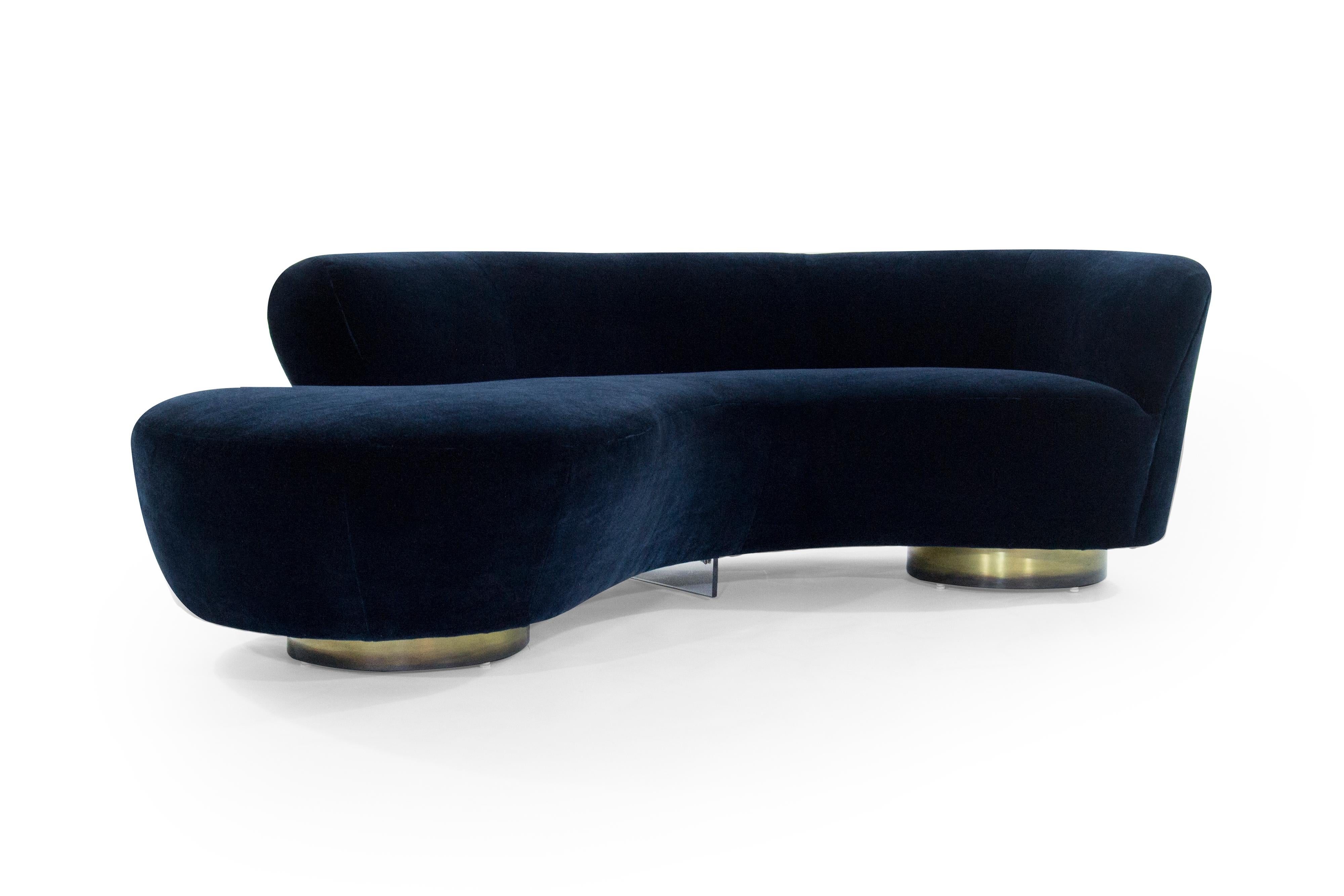 Brass Set of Opposing Serpentine Sofas in Deep Blue Mohair by Vladimir Kagan