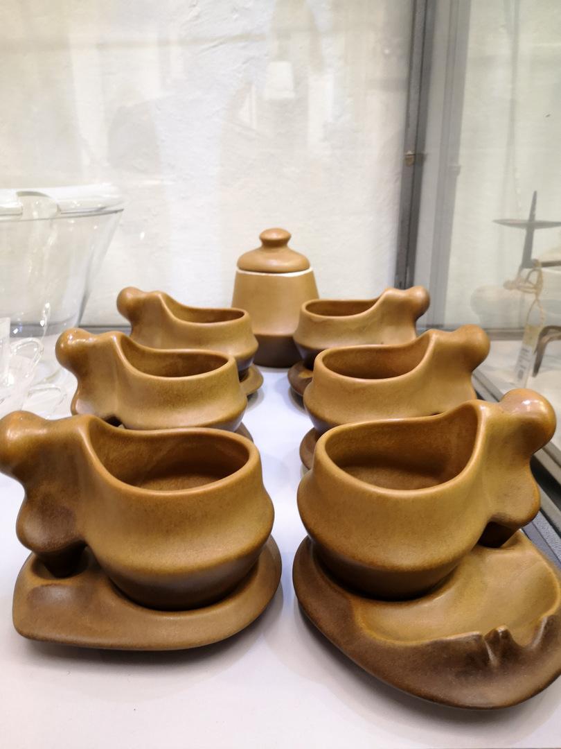 Set of organic sculptural coffee set with sugar bowl by Faianta Sighisoara, 1970s.