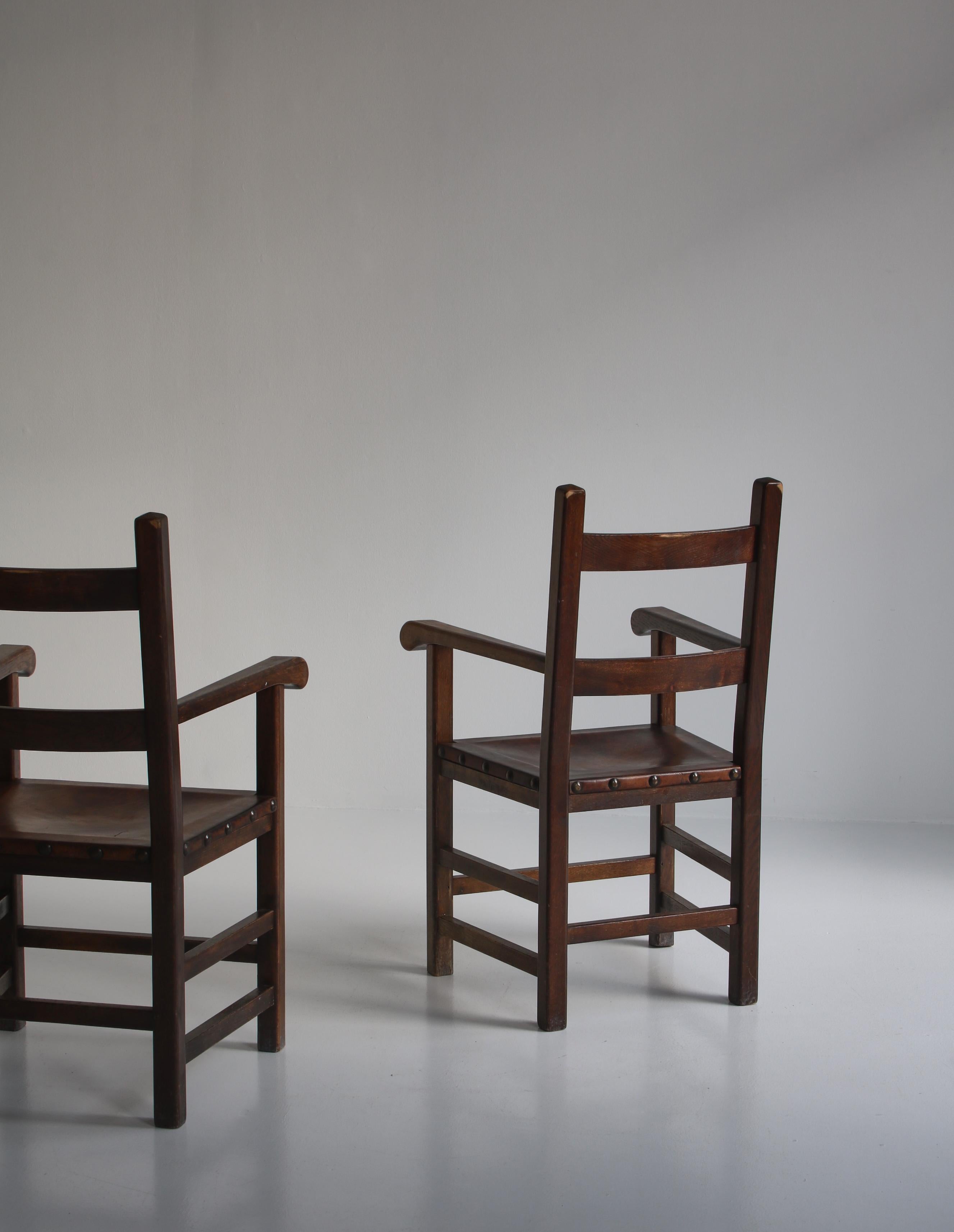 Set of Original Arts and Crafts Armchairs by Danish Cabinetmaker Oak and Leather For Sale 8