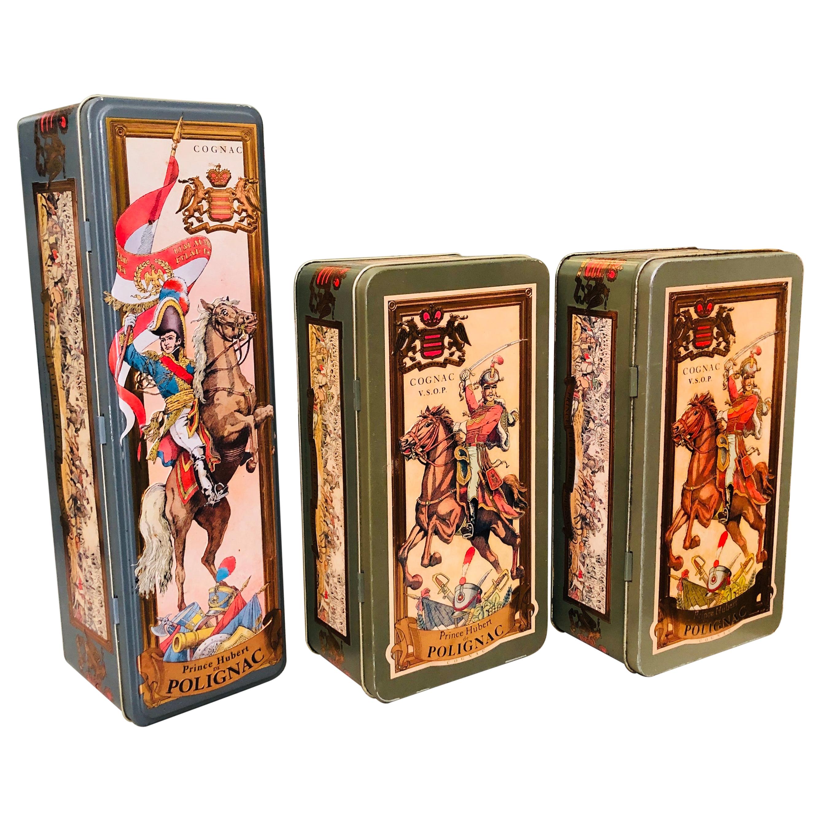 Ensemble de récipients en métal vintage d'origine de Cognac Hubert de Polignac