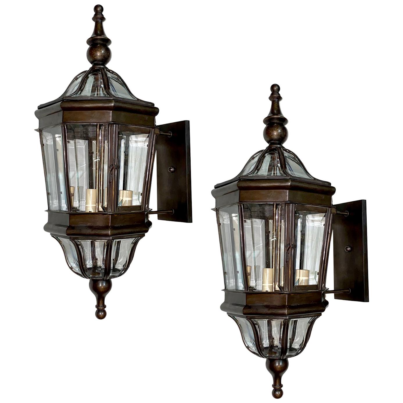 Set of Outdoors Cast Bronze Lantern Sconces, Sold in Pairs For Sale