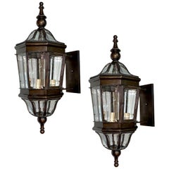 Vintage Set of Outdoors Cast Bronze Lantern Sconces, Sold in Pairs