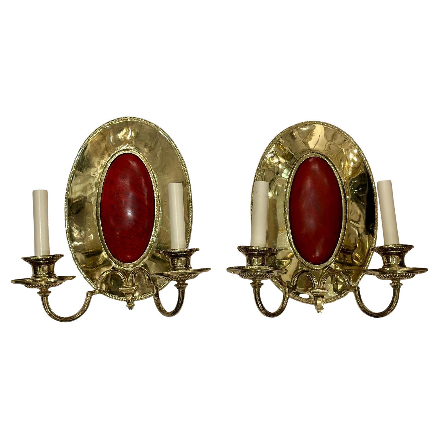 Set of Oval Sconces with Red Semi Precious Stone, Sold in Pairs