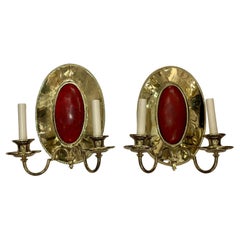 Set of Oval Sconces with Red Semi Precious Stone, Sold in Pairs