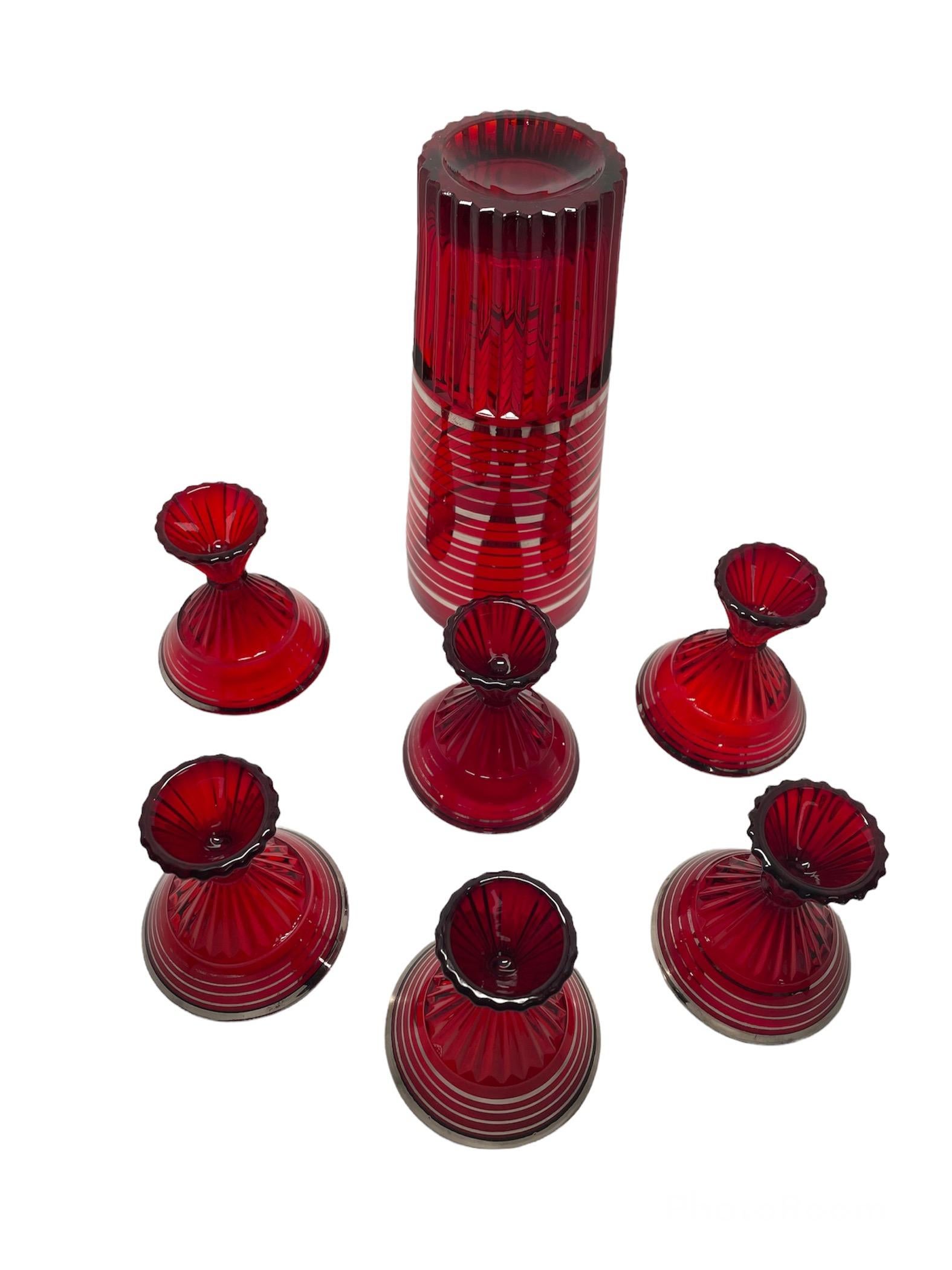 Set of Paden City Ruby Red Glass Cocktail Shaker and Glasses For Sale 3