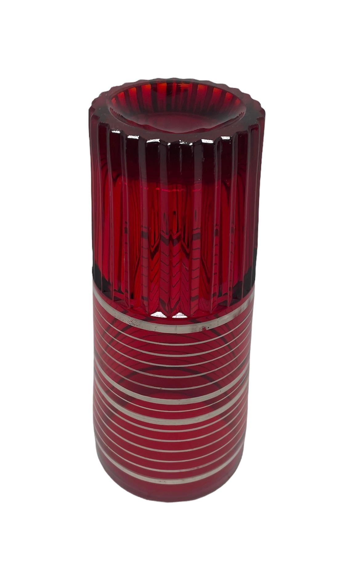 Art Deco Set of Paden City Ruby Red Glass Cocktail Shaker and Glasses For Sale