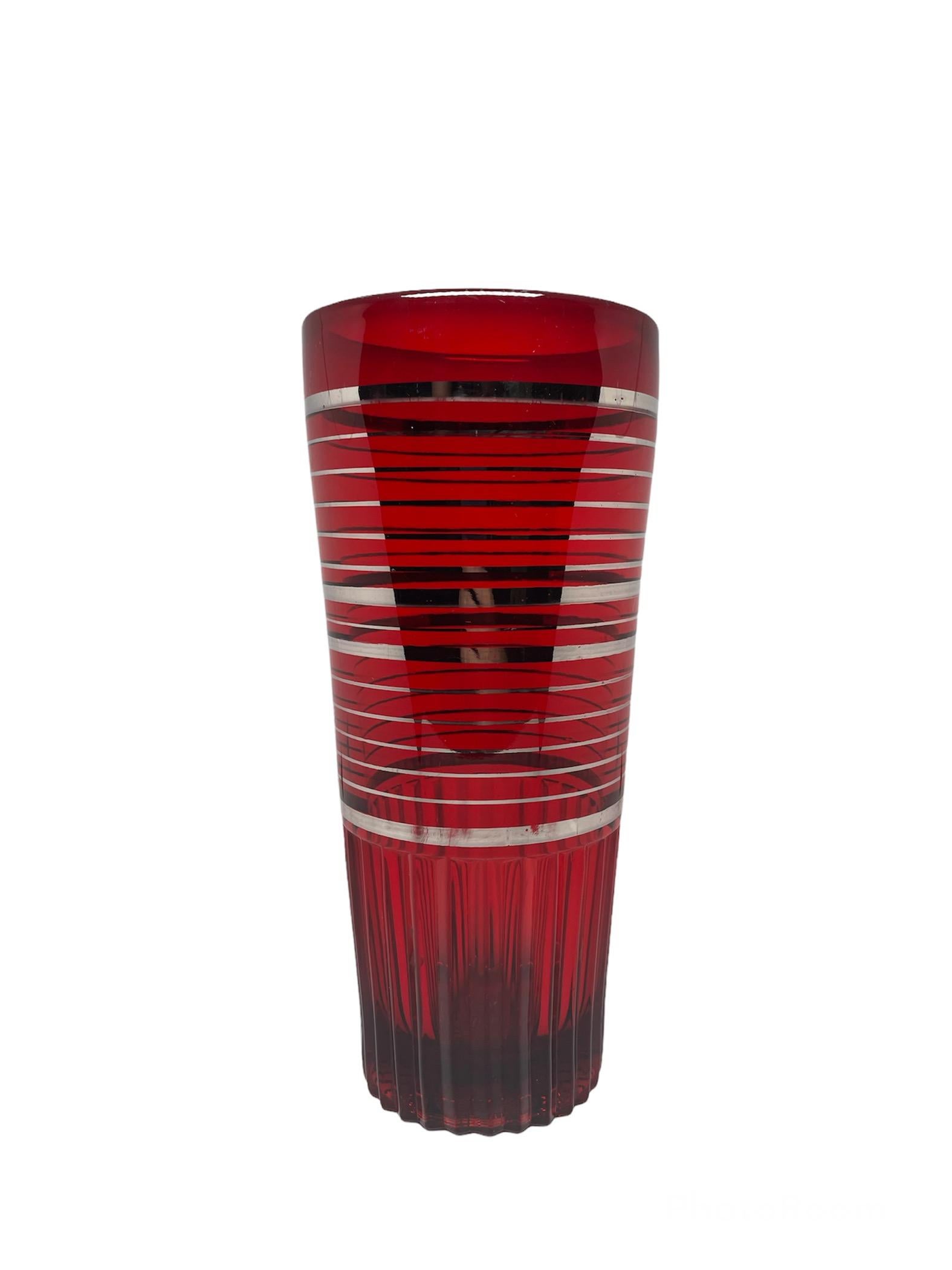 Molded Set of Paden City Ruby Red Glass Cocktail Shaker and Glasses For Sale