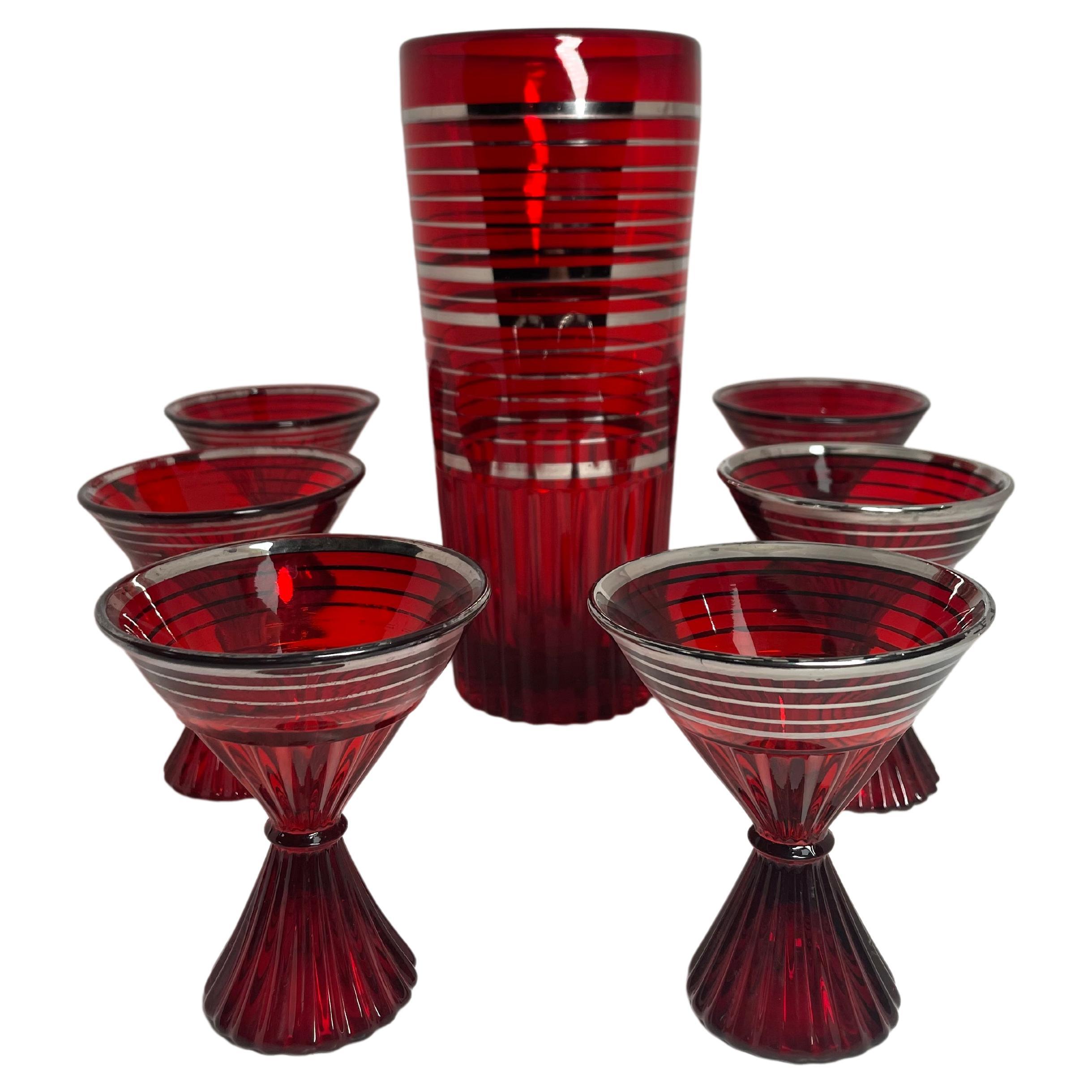Set of Paden City Ruby Red Glass Cocktail Shaker and Glasses
