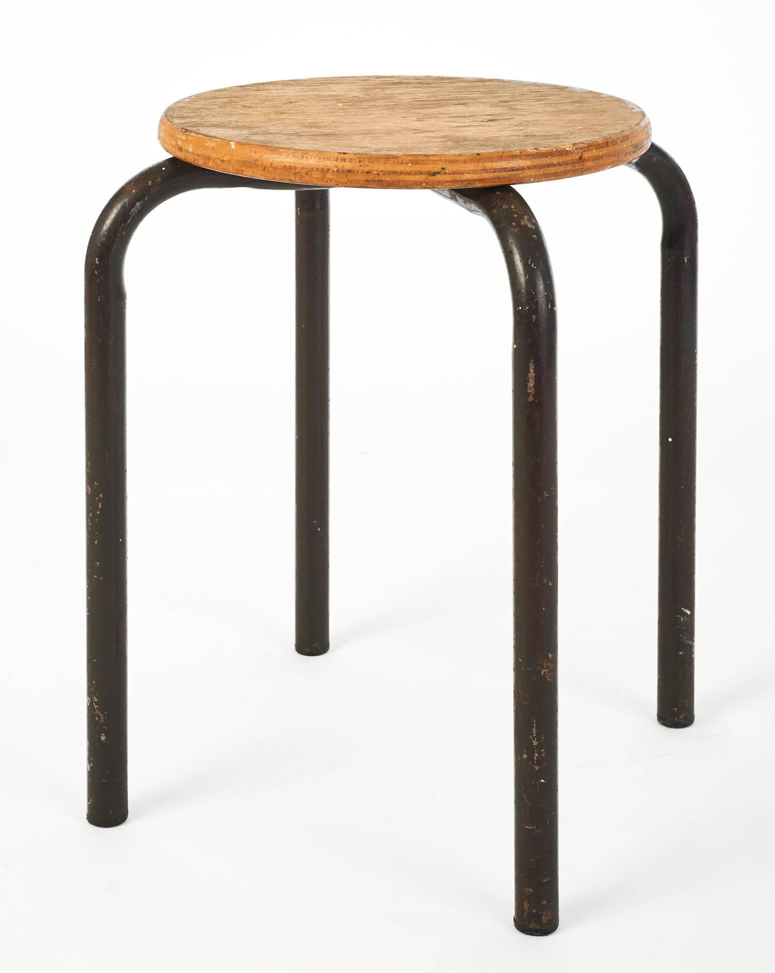 Mid-Century Modern Set of Wood and Metal Painter Stools in the Style of Jean Prouvé, France 1950's
