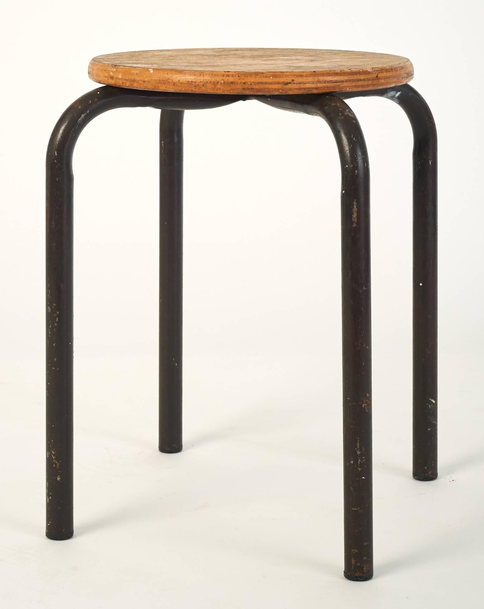 French Set of Wood and Metal Painter Stools in the Style of Jean Prouvé, France 1950's
