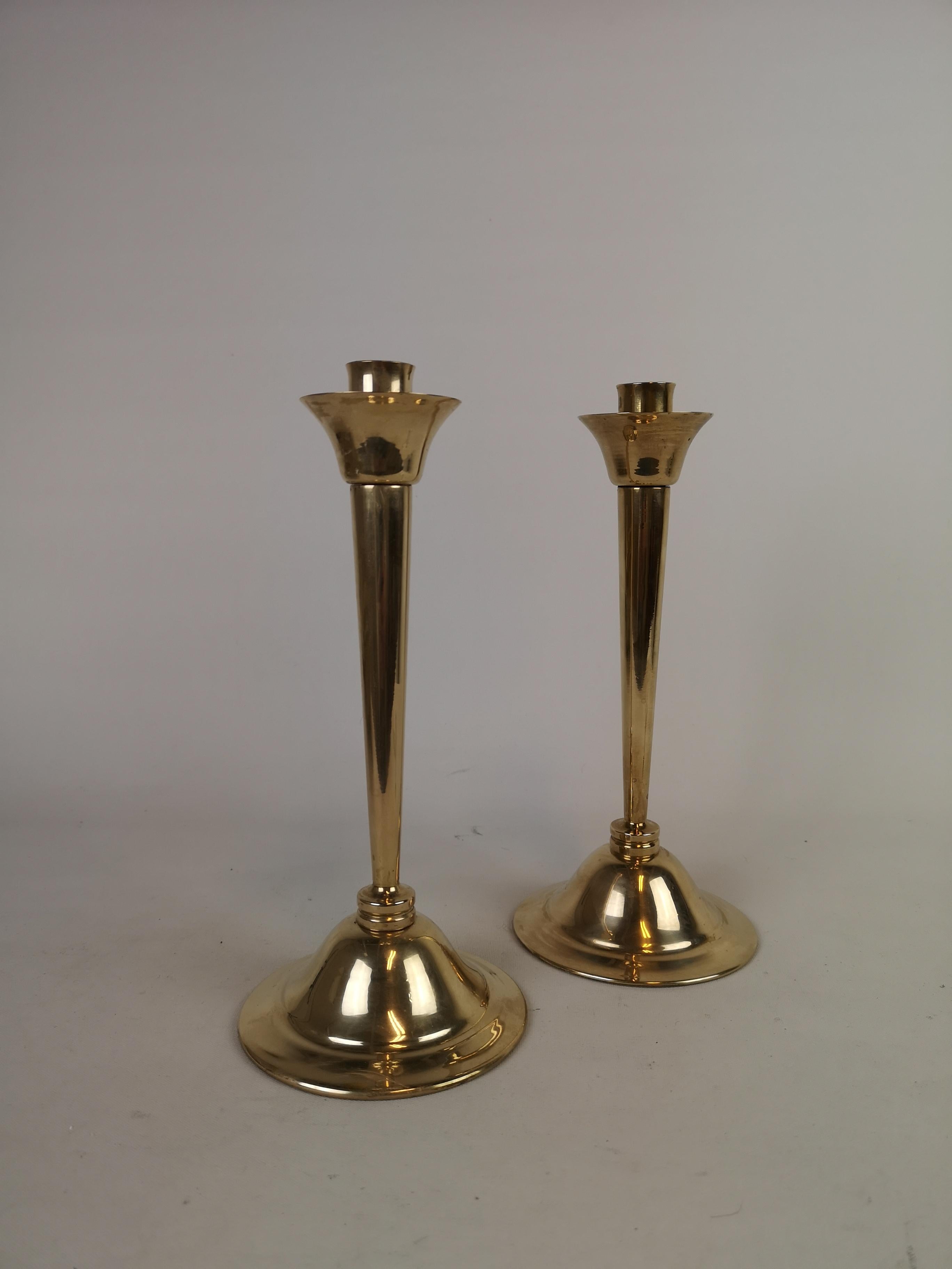 Scandinavian Modern Set of Pair of Candlestick and Tray in Brass by Lars Holmström Arvika, Sweden